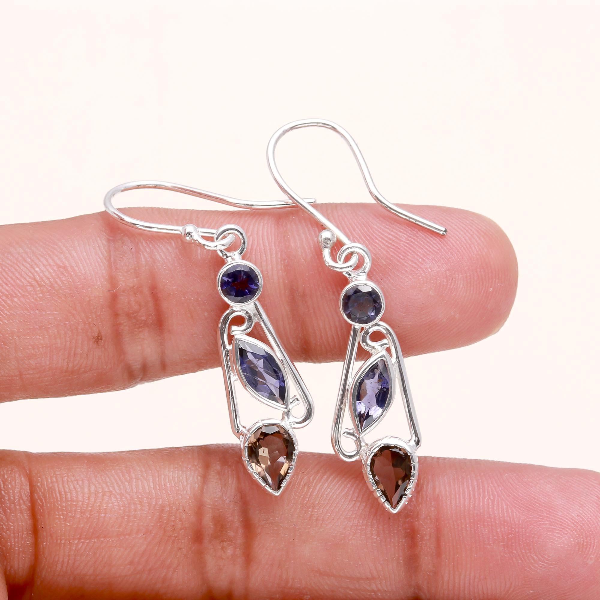 925 Sterling Silver Iolite & Smoky Quartz Dangle Earrings