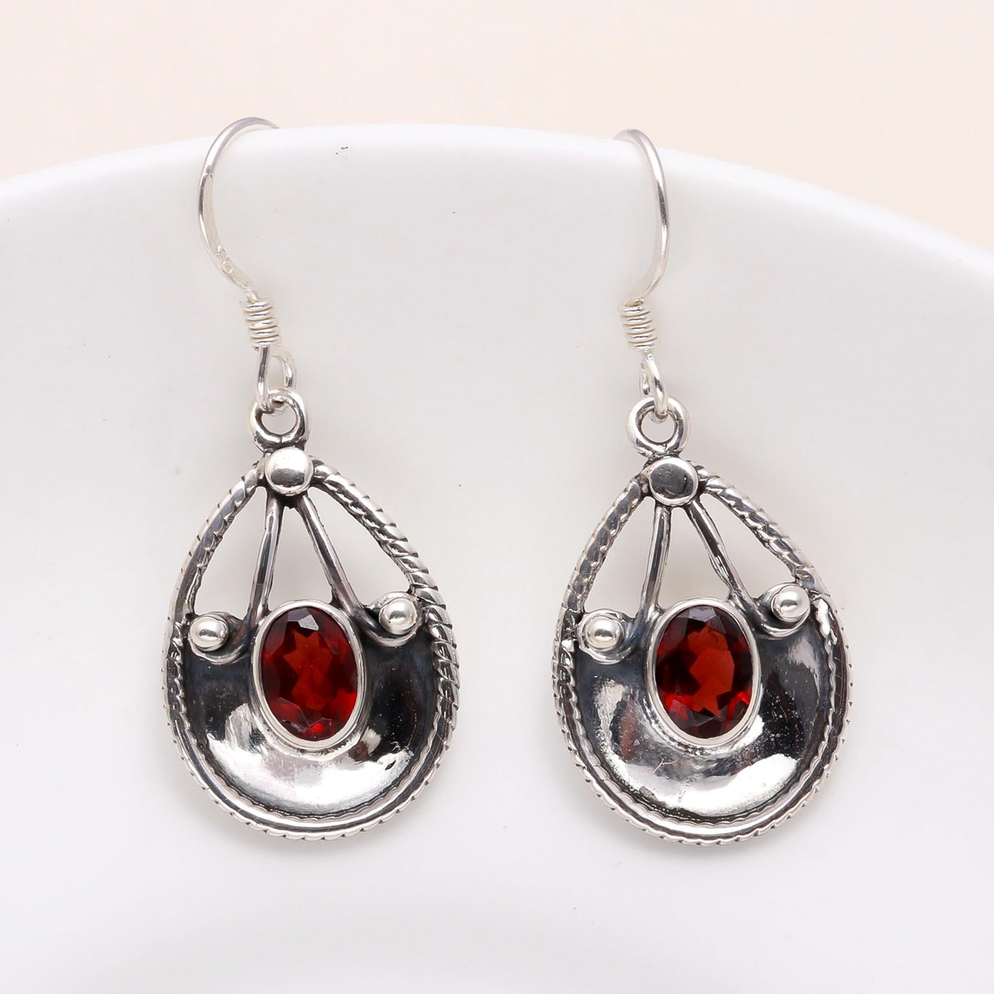 925 Sterling Silver Garnet Teardrop Dangle Handmade Boho Earrings