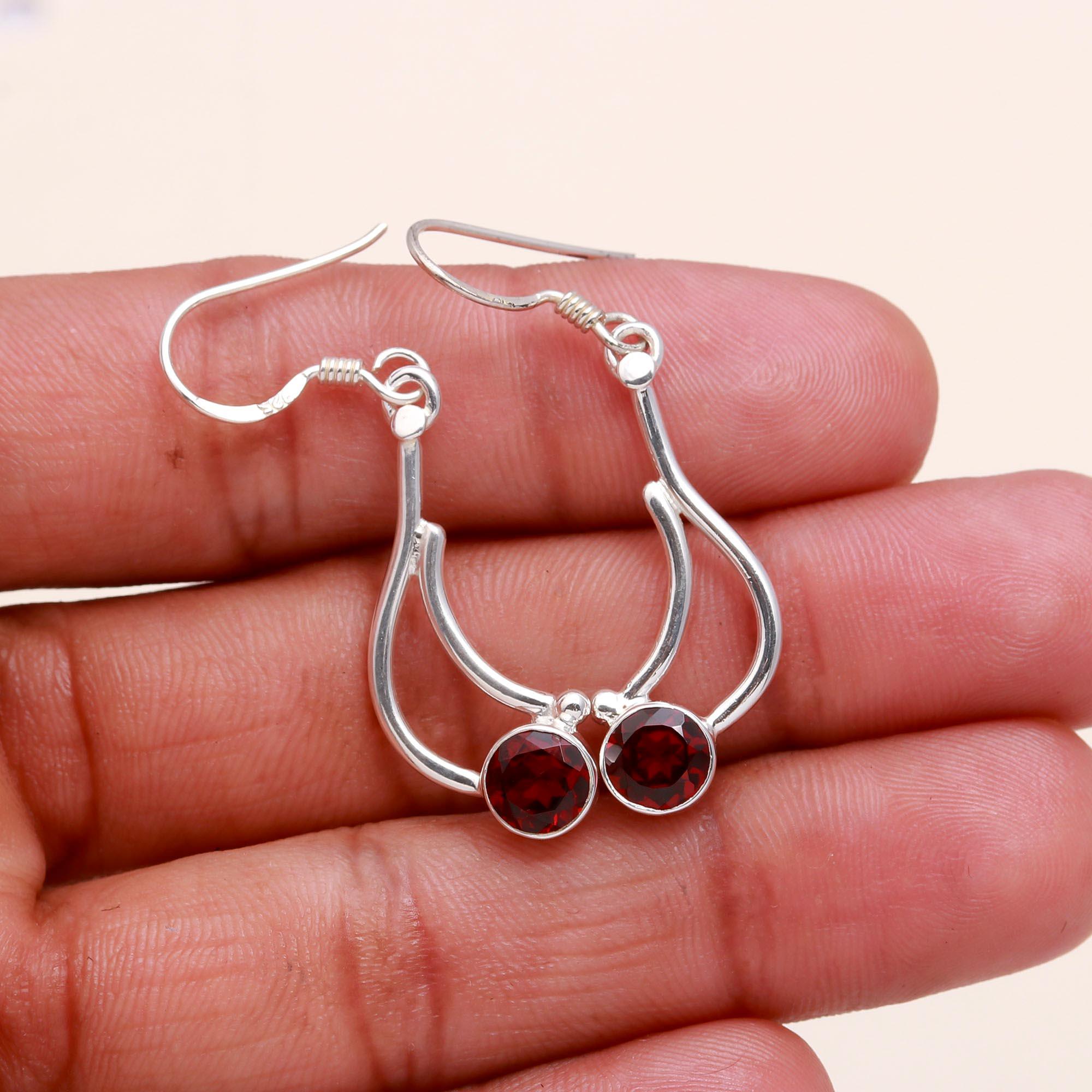 925 Sterling Silver Garnet Dangle Earrings
