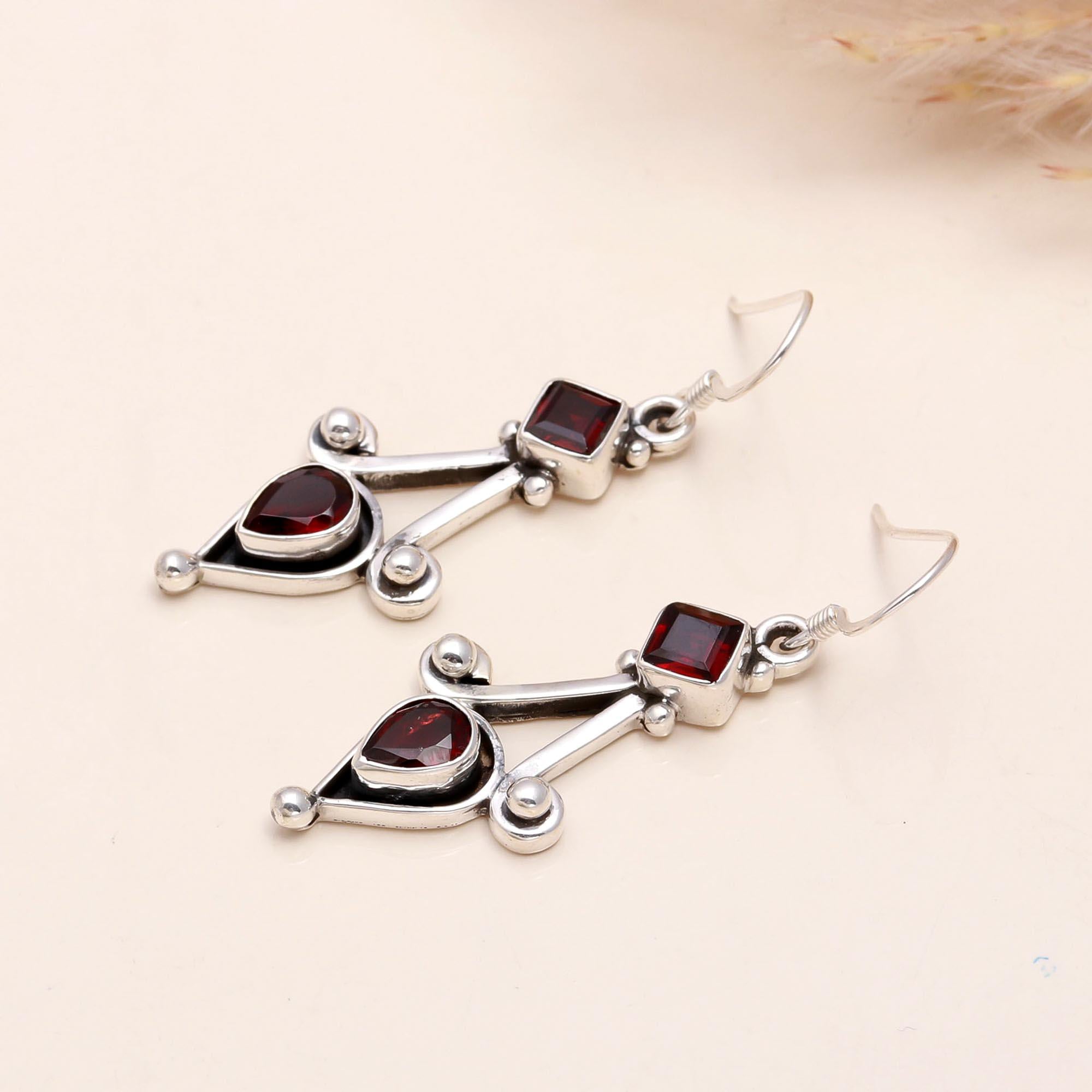 925 Sterling Silver Garnet Handmade Dangle Earrings