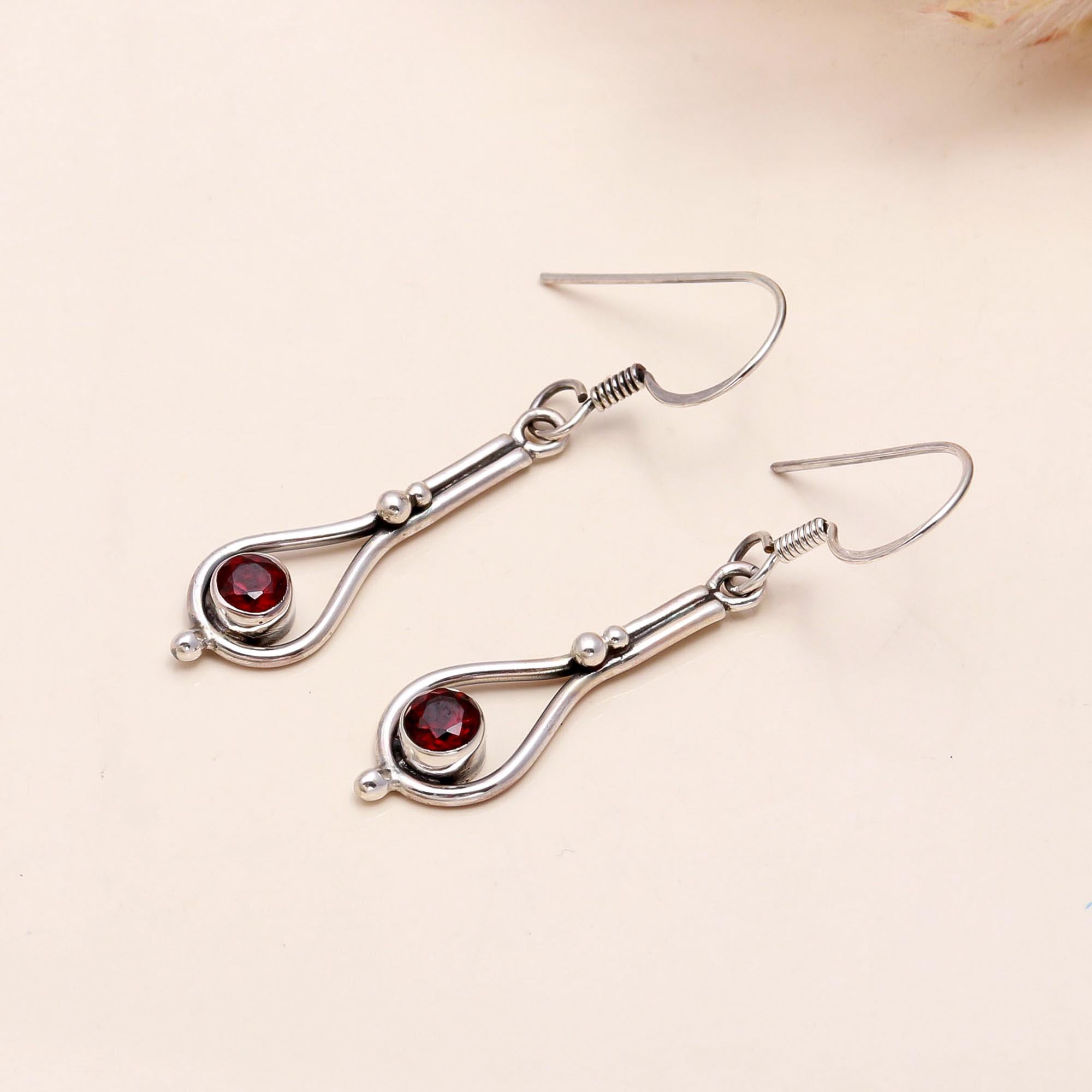 925 Sterling Silver Handmade Garnet Drop Earrings