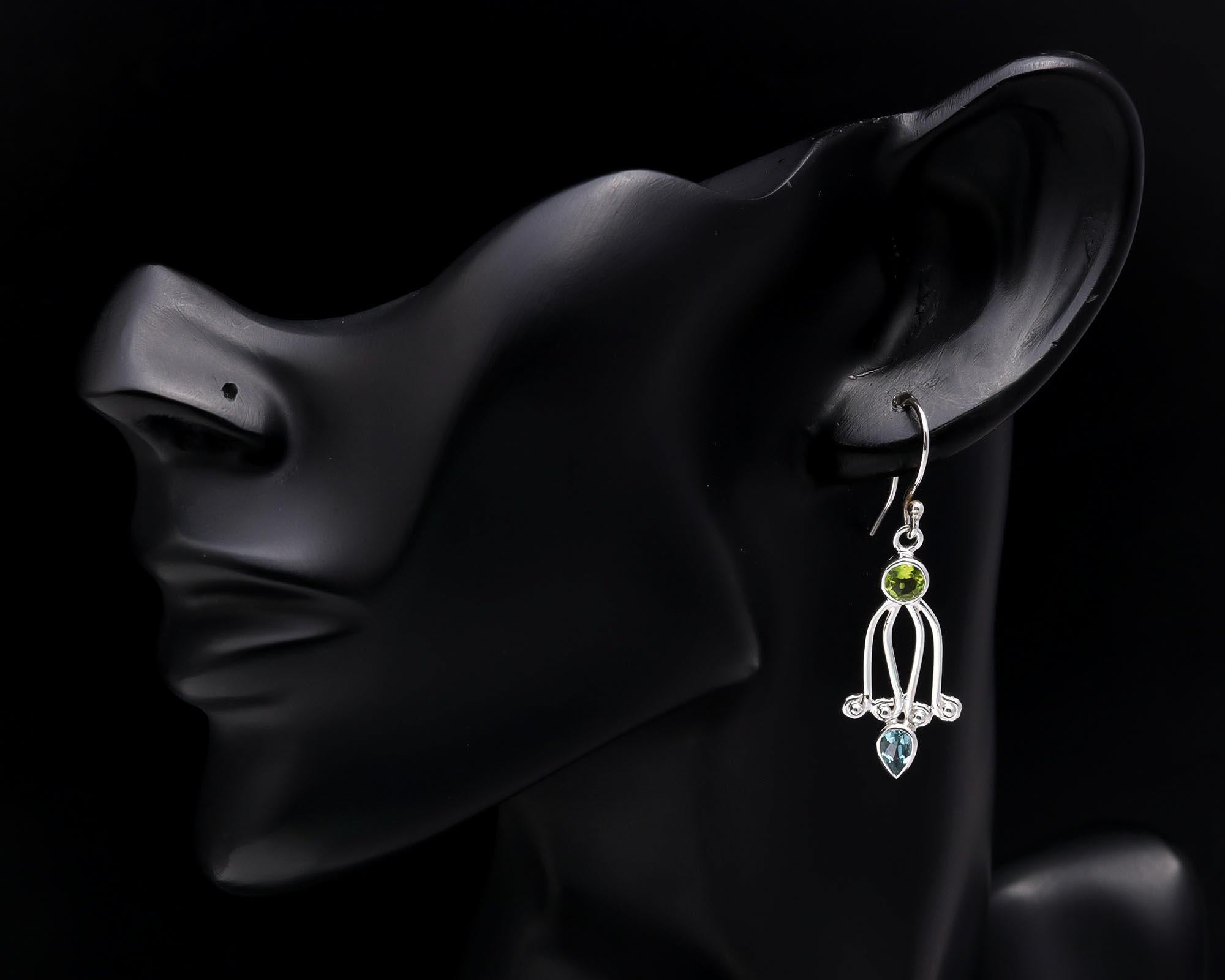 925 Sterling Silver Peridot & Blue Topaz Dangle Earrings