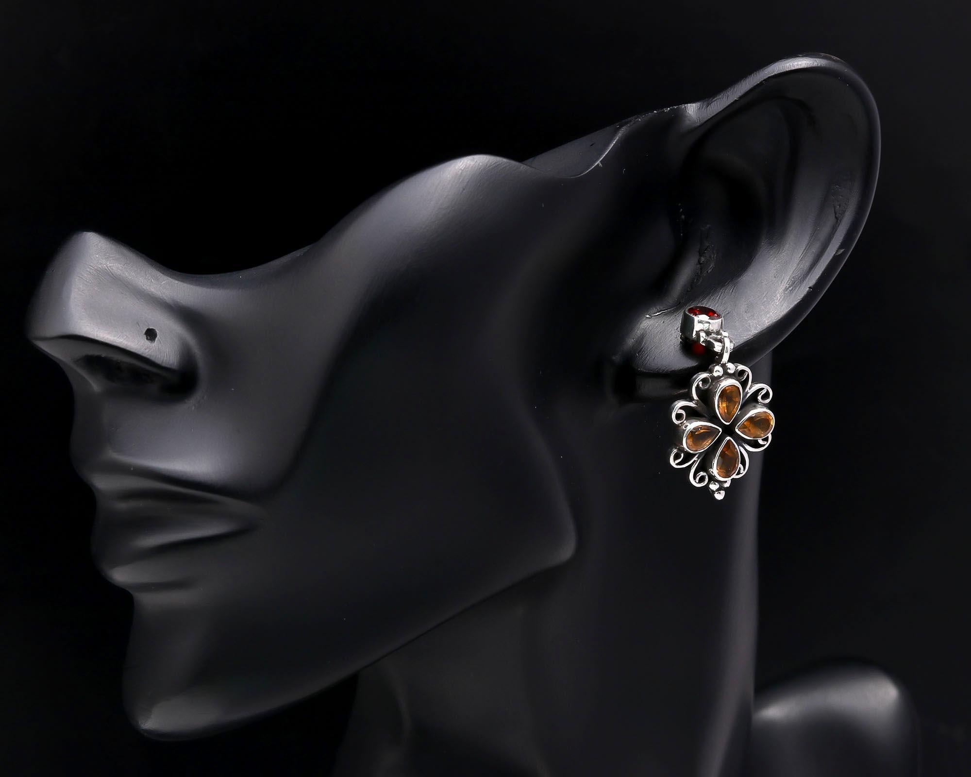 925 Sterling Silver Garnet & Citrine Floral Stud Earrings