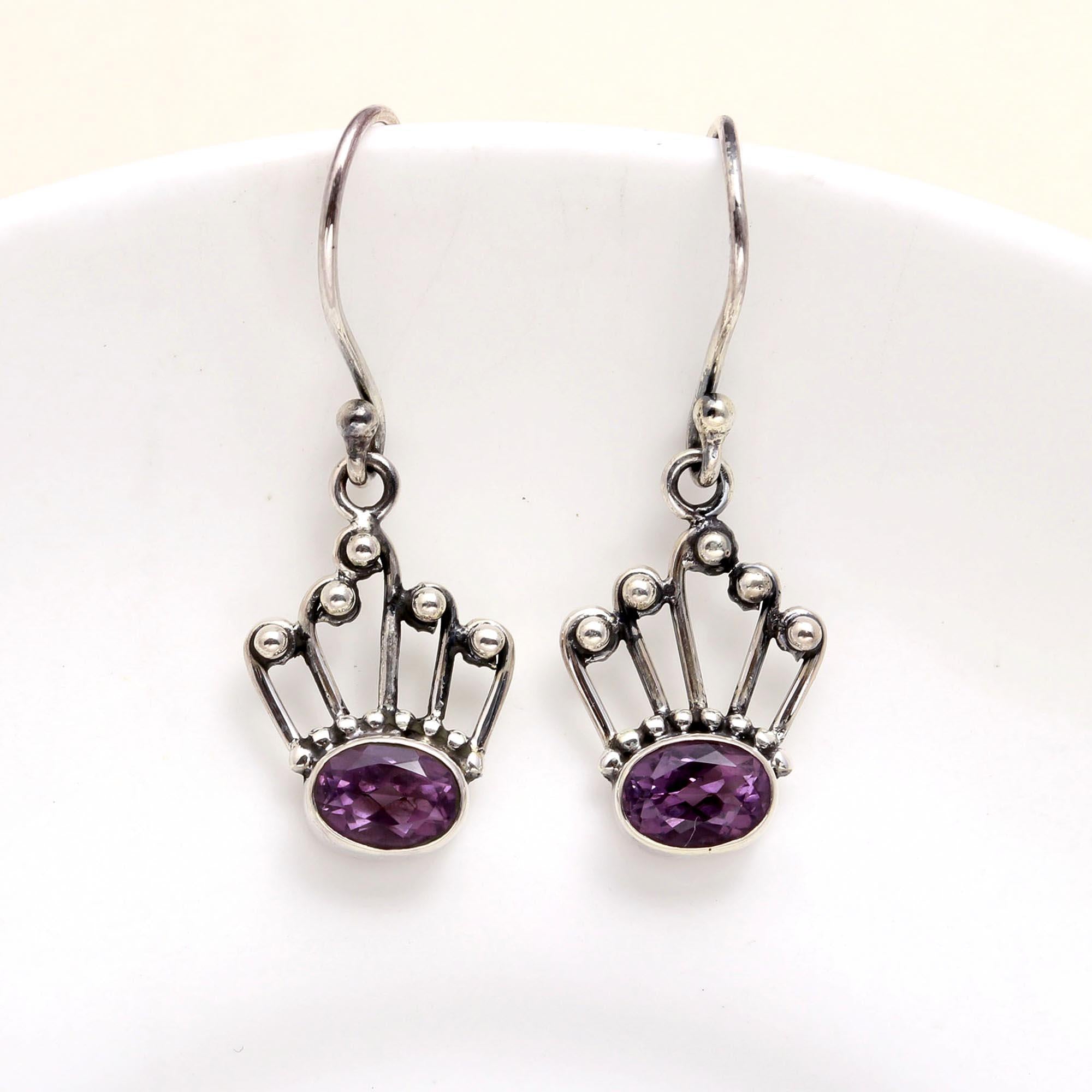 925 Sterling Silver Crown Amethyst Dangle Earrings
