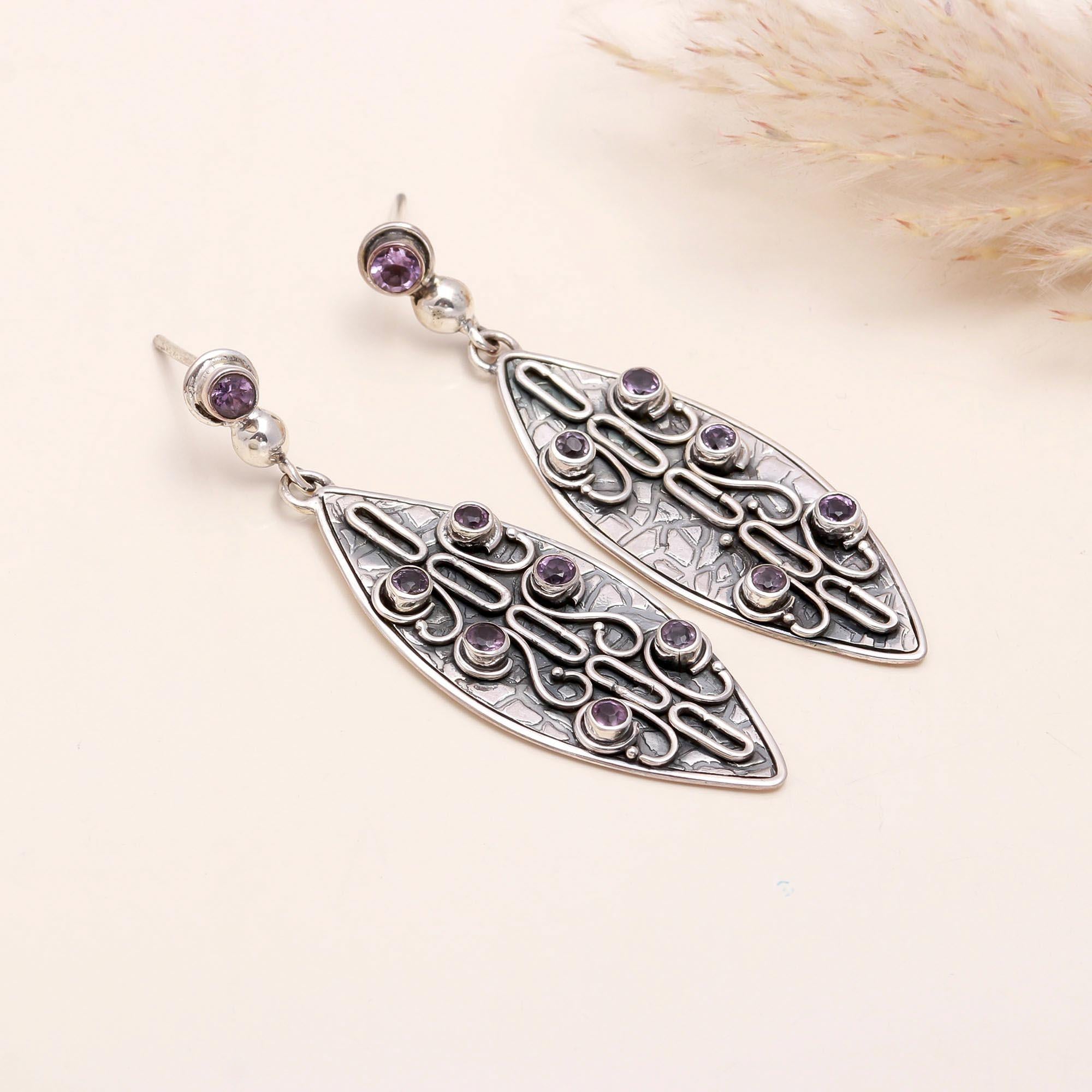 925 Sterling Silver Amethyst Vintage Filigree Drop Earrings