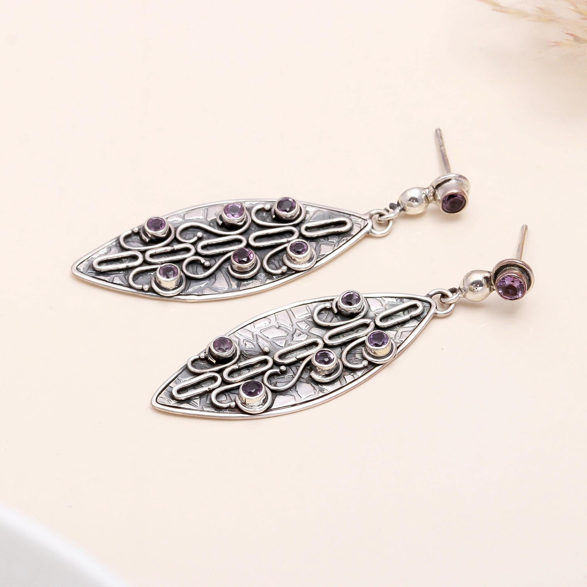 925 Sterling Silver Amethyst Vintage Filigree Drop Earrings