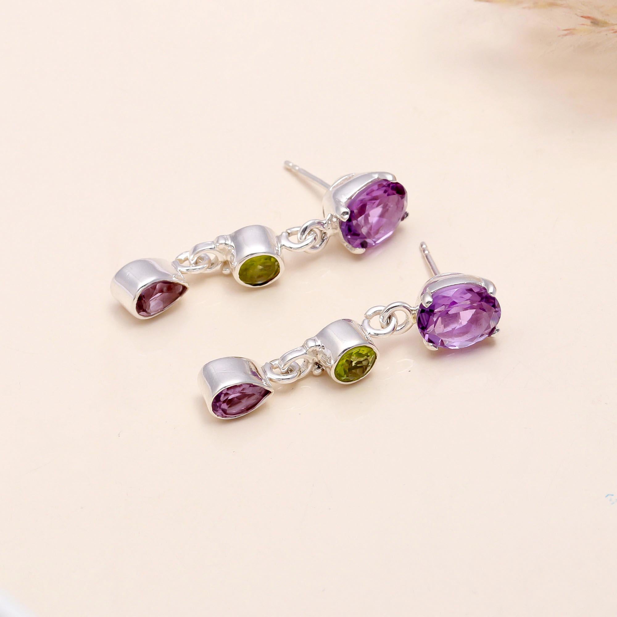 925 Sterling Silver Amethyst, Peridot & Garnet Drop Earrings