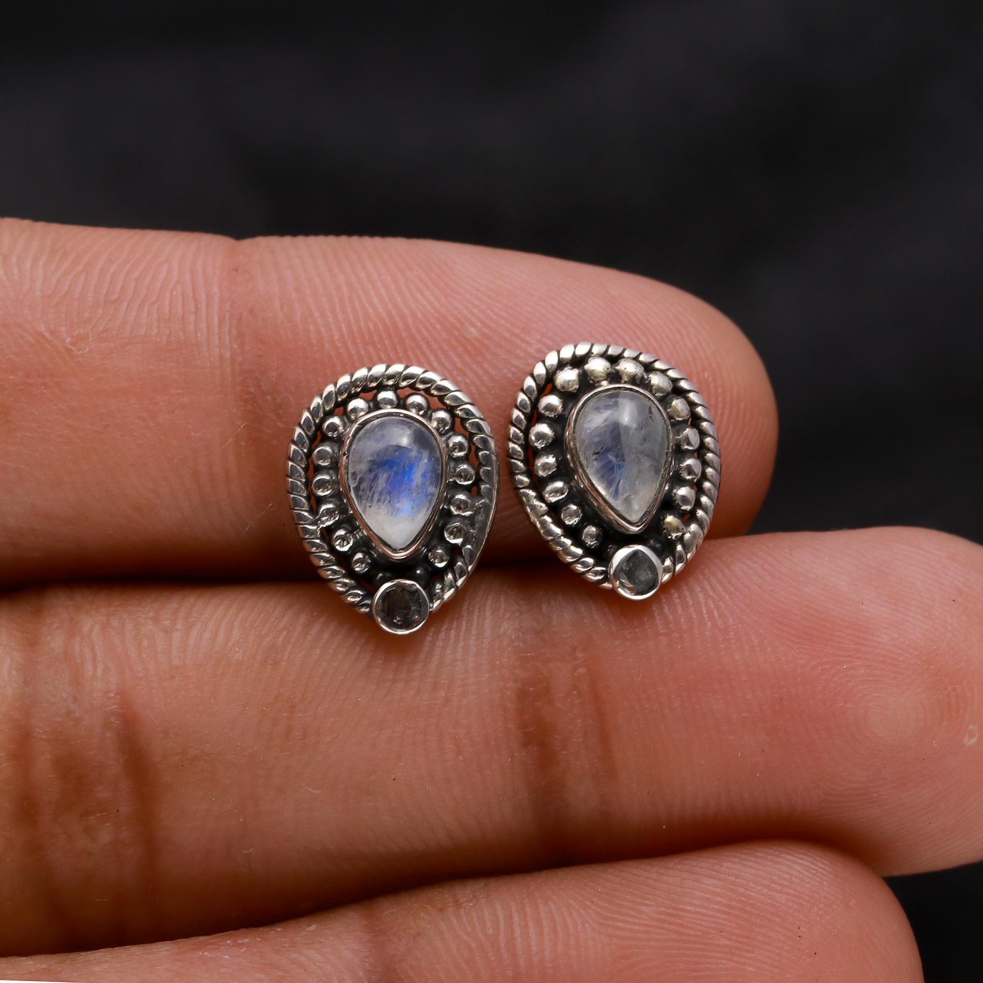 925 Sterling Silver Moonstone Teardrop Boho Vintage Stud Earrings