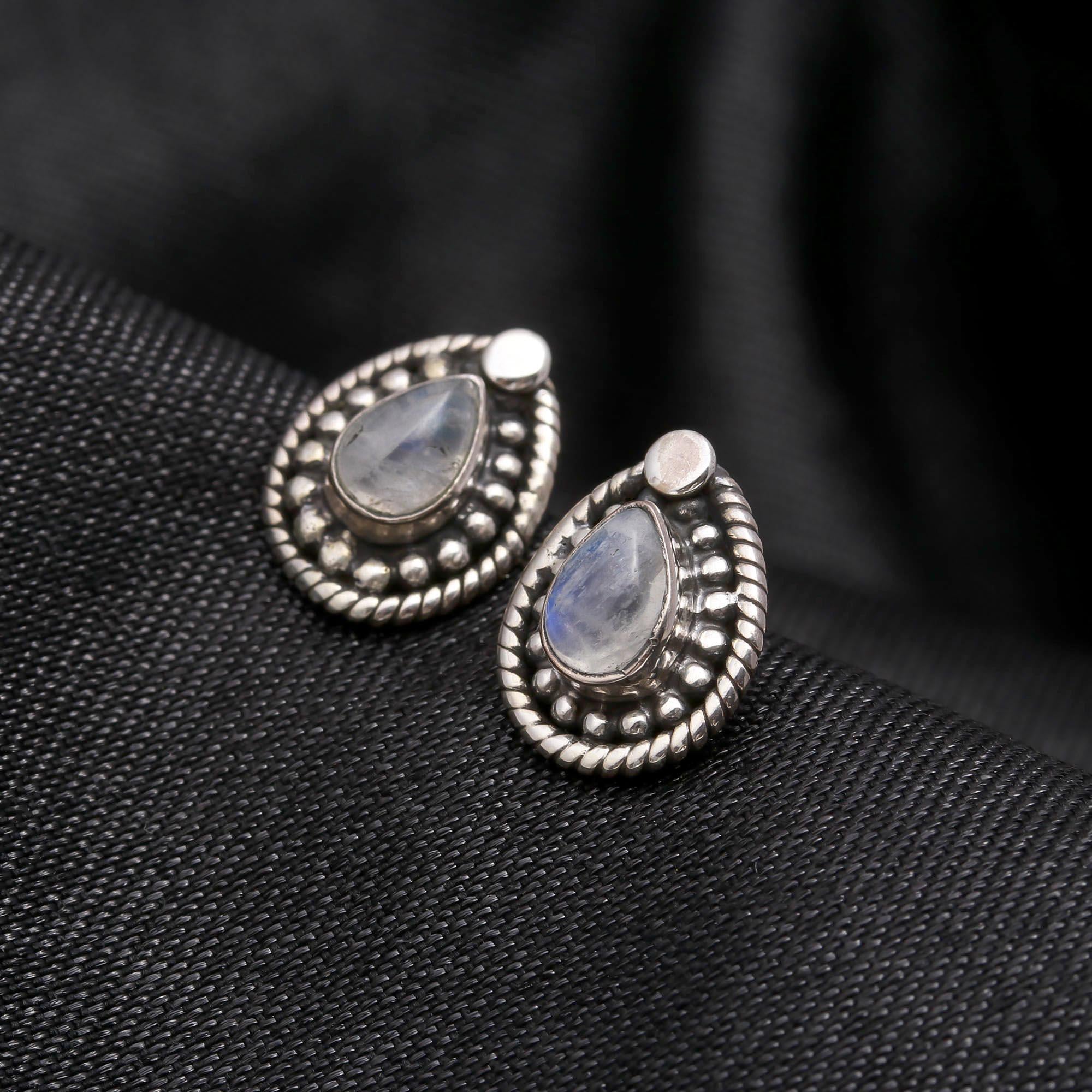 925 Sterling Silver Moonstone Teardrop Boho Vintage Stud Earrings