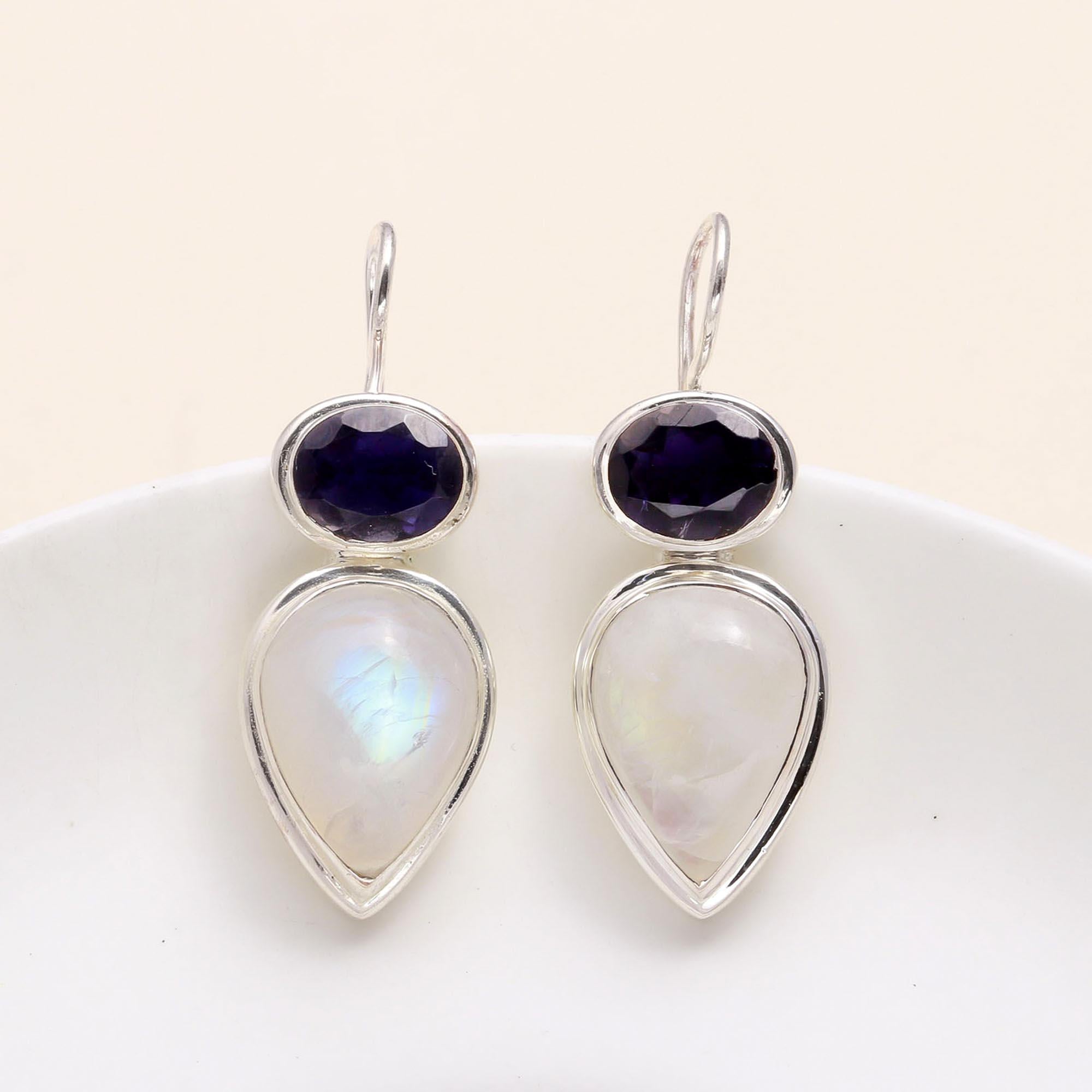 925 Sterling Silver Handmade Moonstone & Amethyst Dangle Earrings