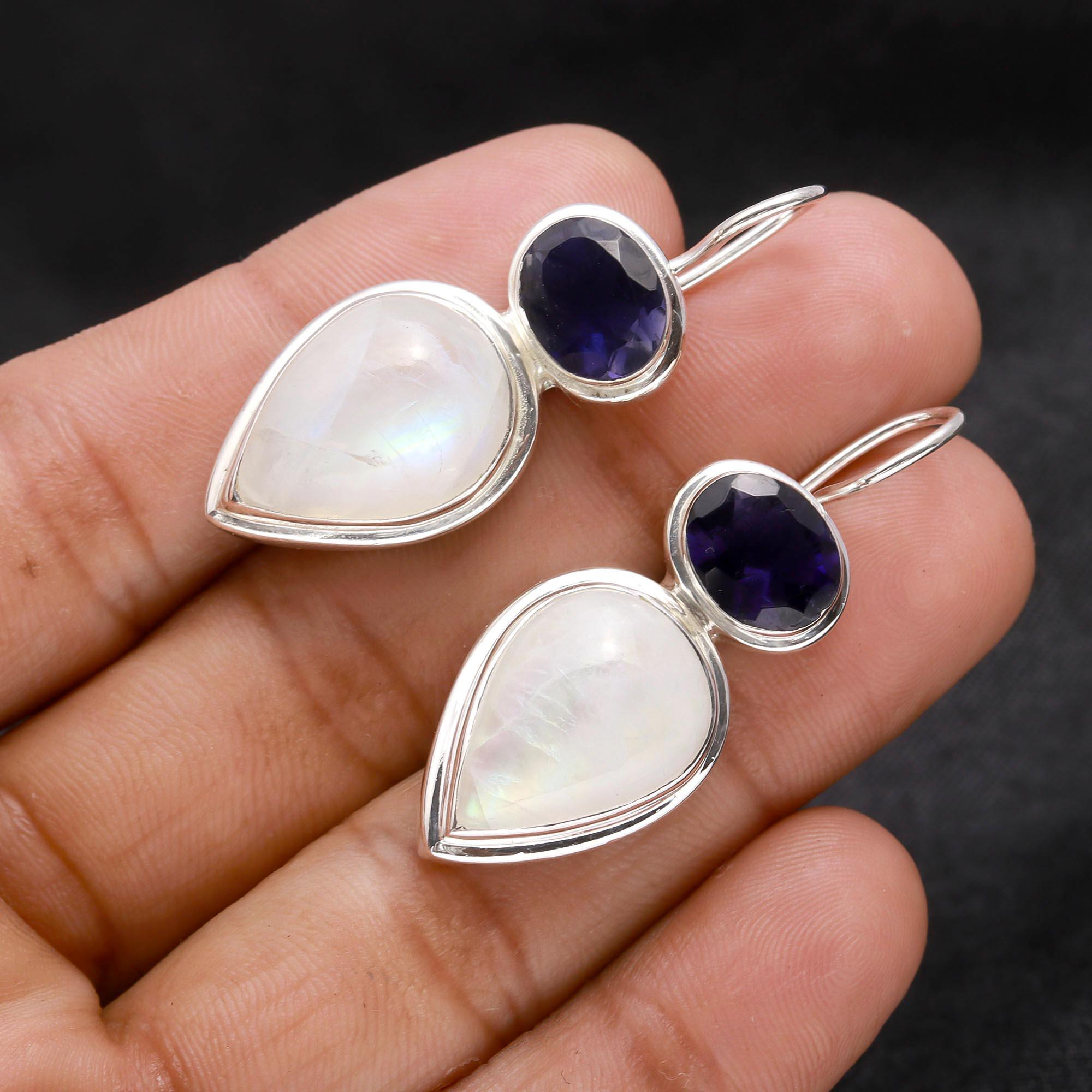 925 Sterling Silver Handmade Moonstone & Amethyst Dangle Earrings