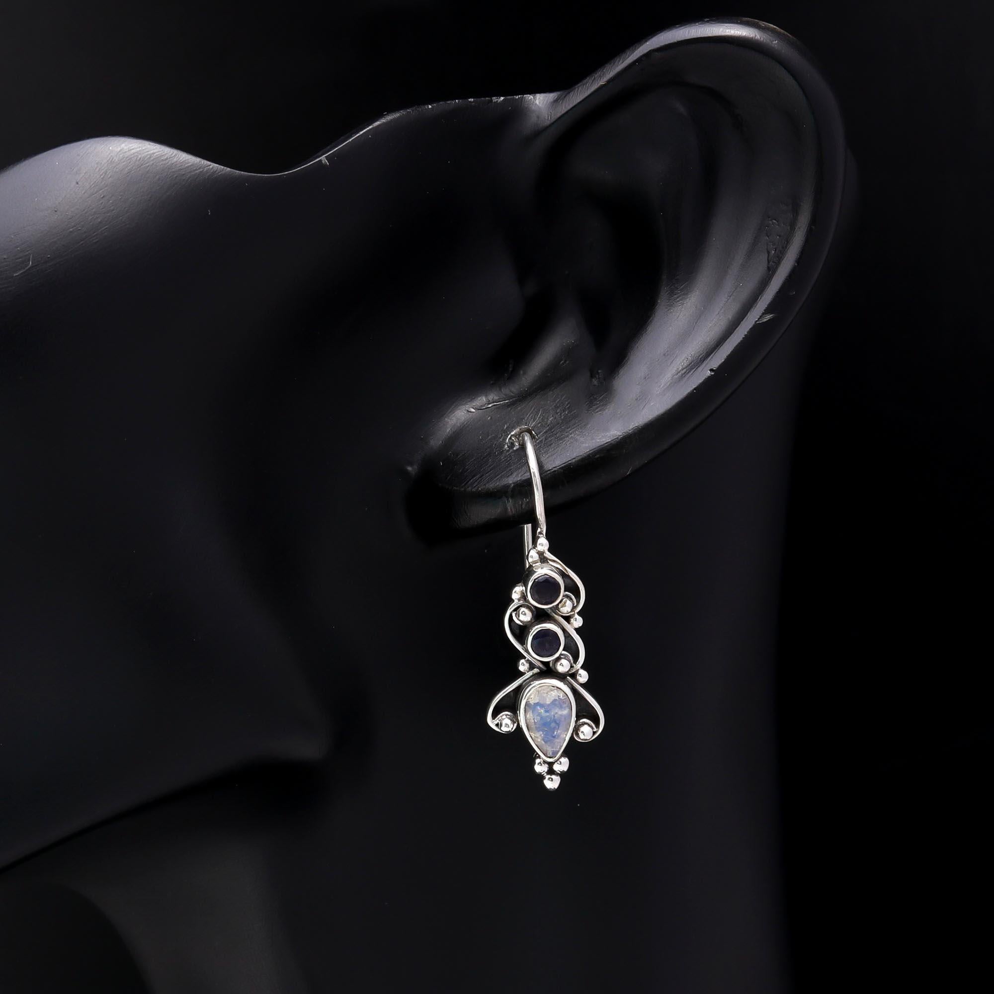 925 Sterling Silver Moonstone & Iolite Dangle Earrings