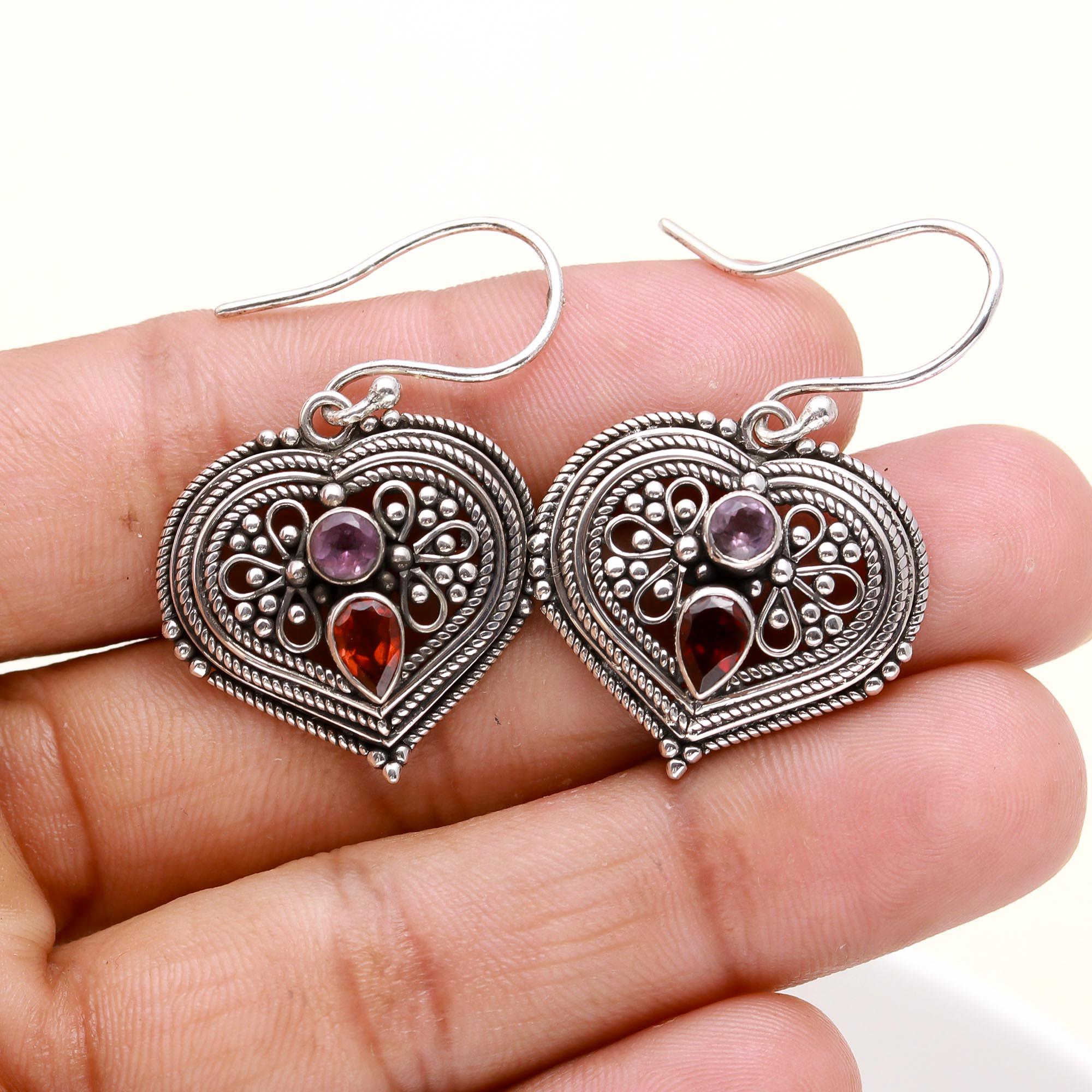 925 Sterling Silver Garnet & Amethyst Vintage Heart Dangle Earrings