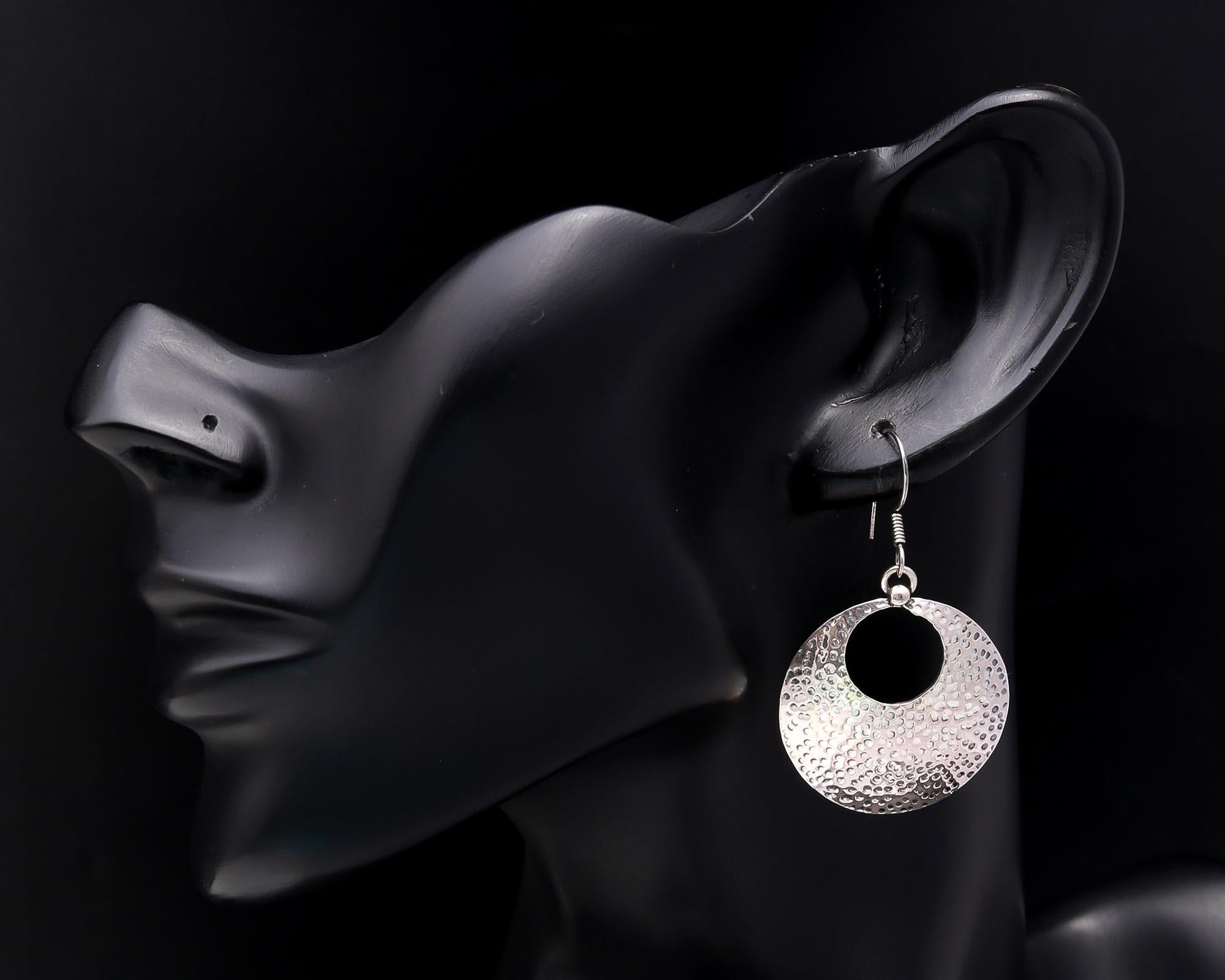 925 Sterling Silver Handmade Hammered Circle Dangle Earrings