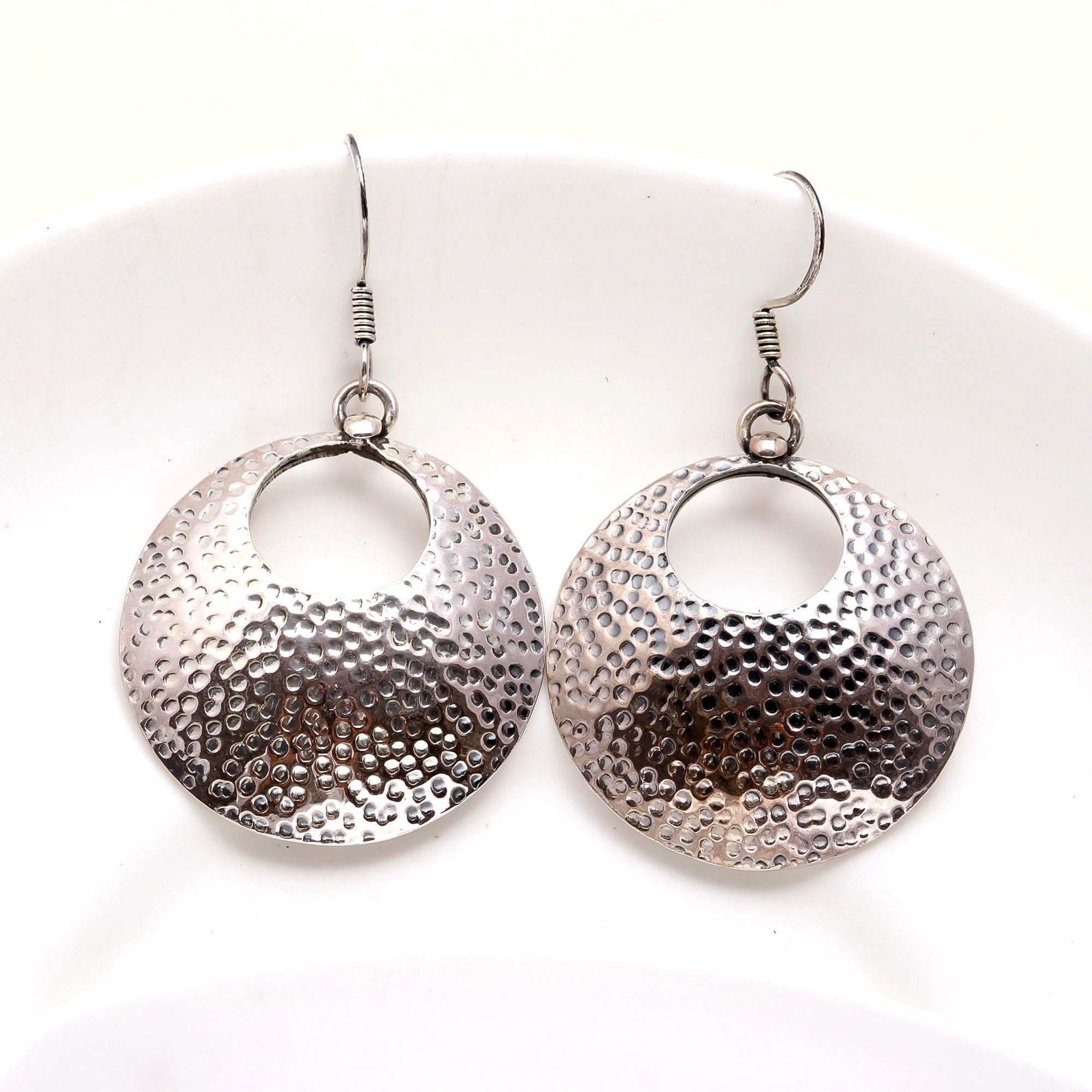 925 Sterling Silver Handmade Hammered Circle Dangle Earrings