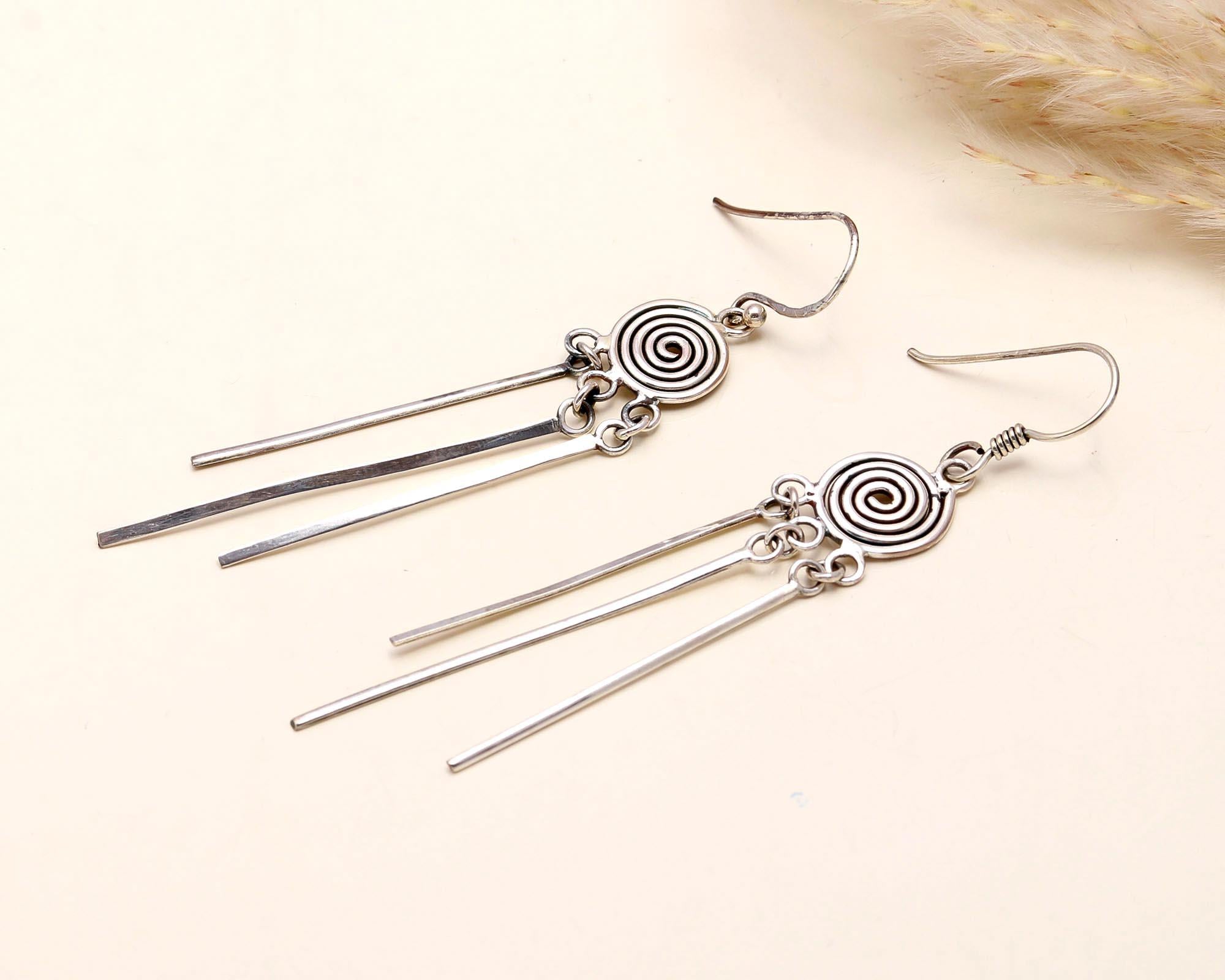 The Spiral Rain: Tribal Inspired Drop Silver Earrings