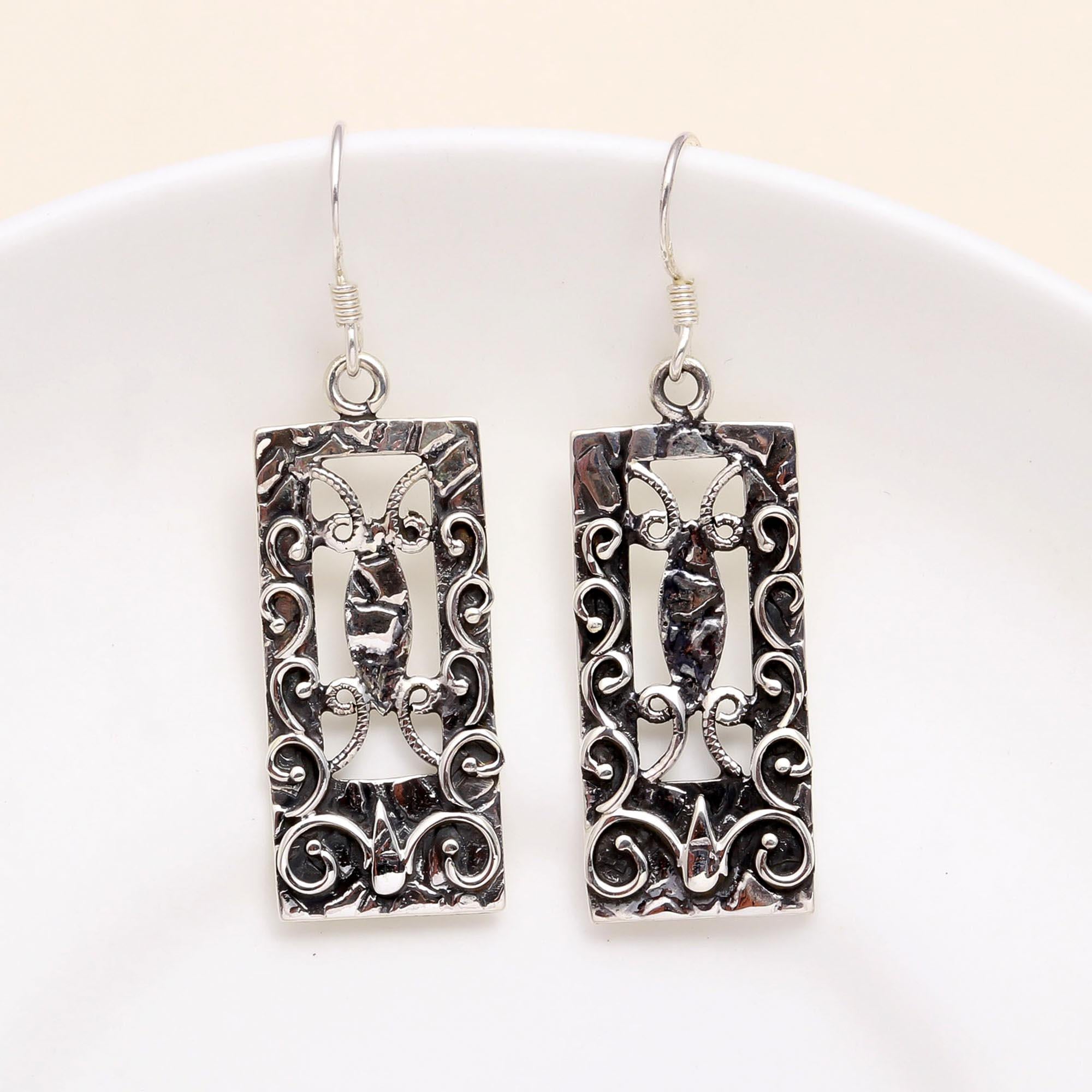 925 Sterling Silver Rectangle Vintage Boho Filigree Dangle Earrings