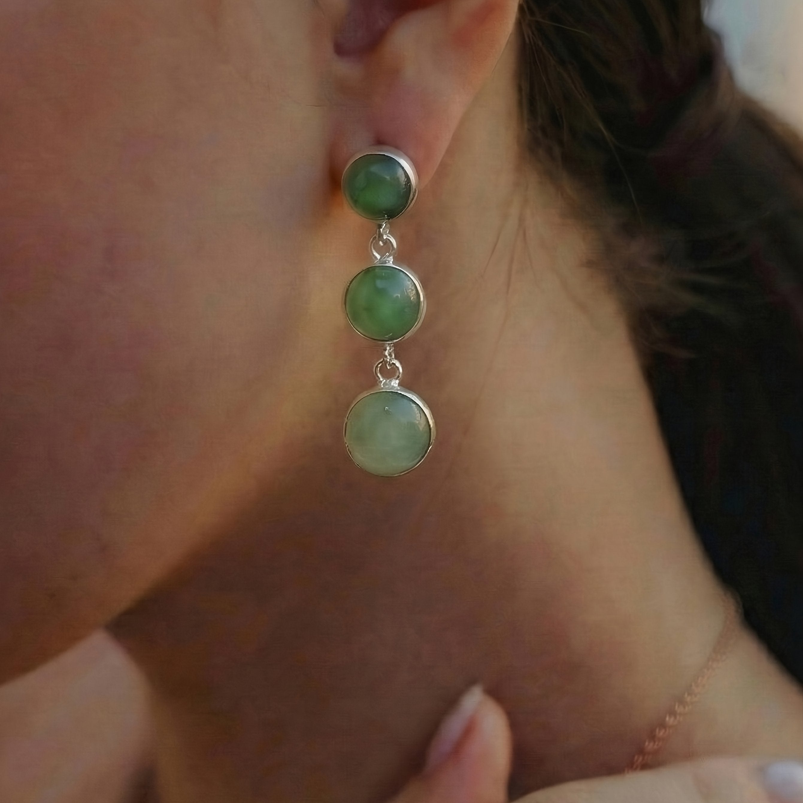 The Green Cascade: Green Chalcedony Silver Triple Drop Earrings