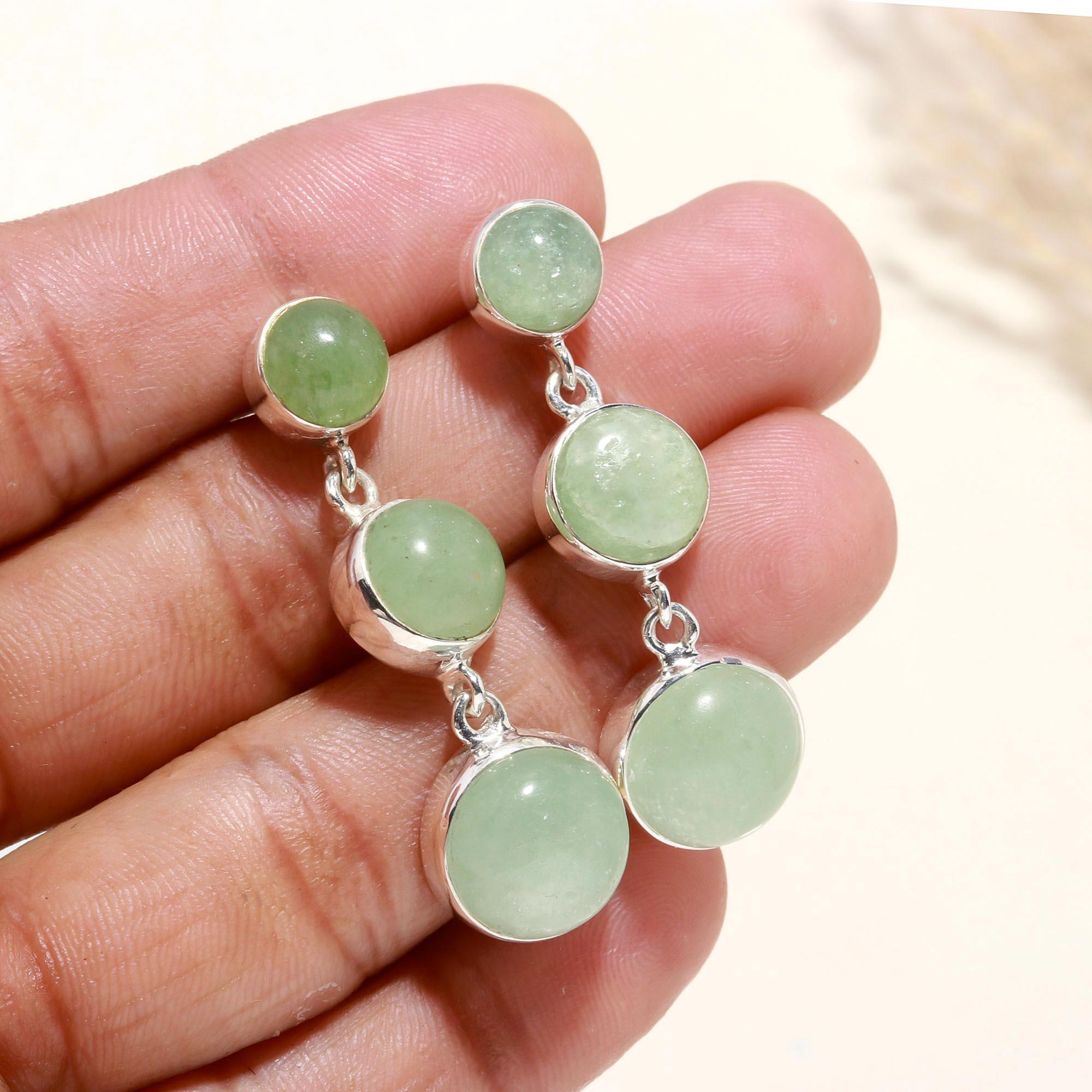 925 Sterling Silver Green Jade Dangle Earrings