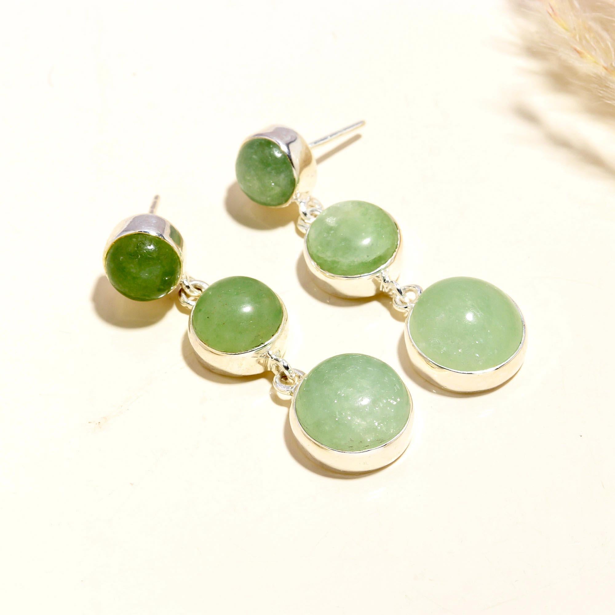 The Green Cascade: Green Chalcedony Silver Triple Drop Earrings