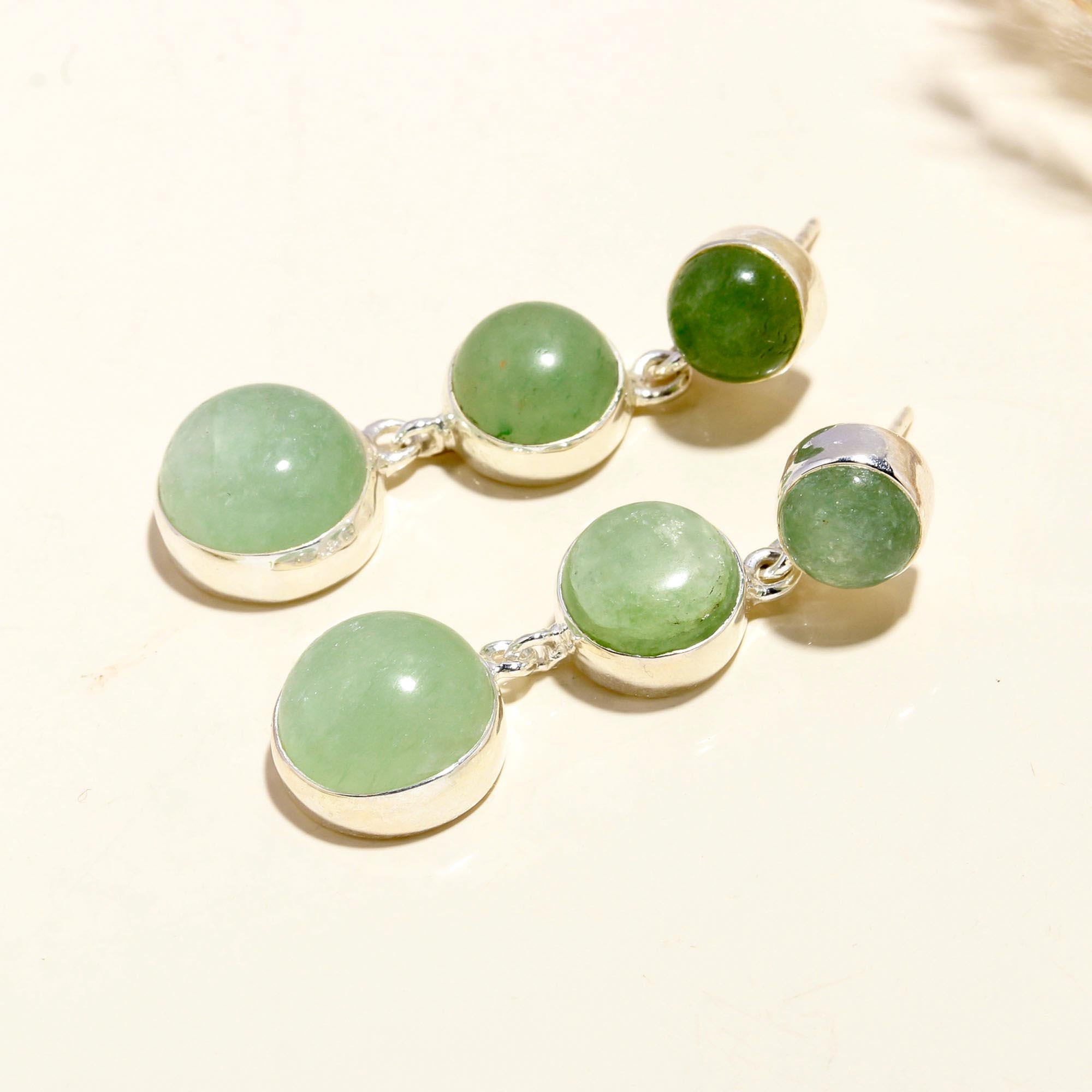 The Green Cascade: Green Chalcedony Silver Triple Drop Earrings