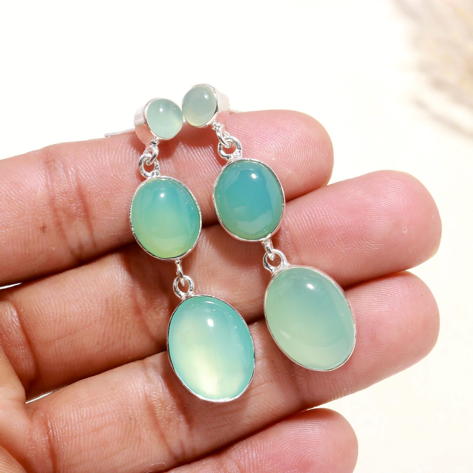 925 Sterling Silver Aqua Chalcedony Dangle Earrings