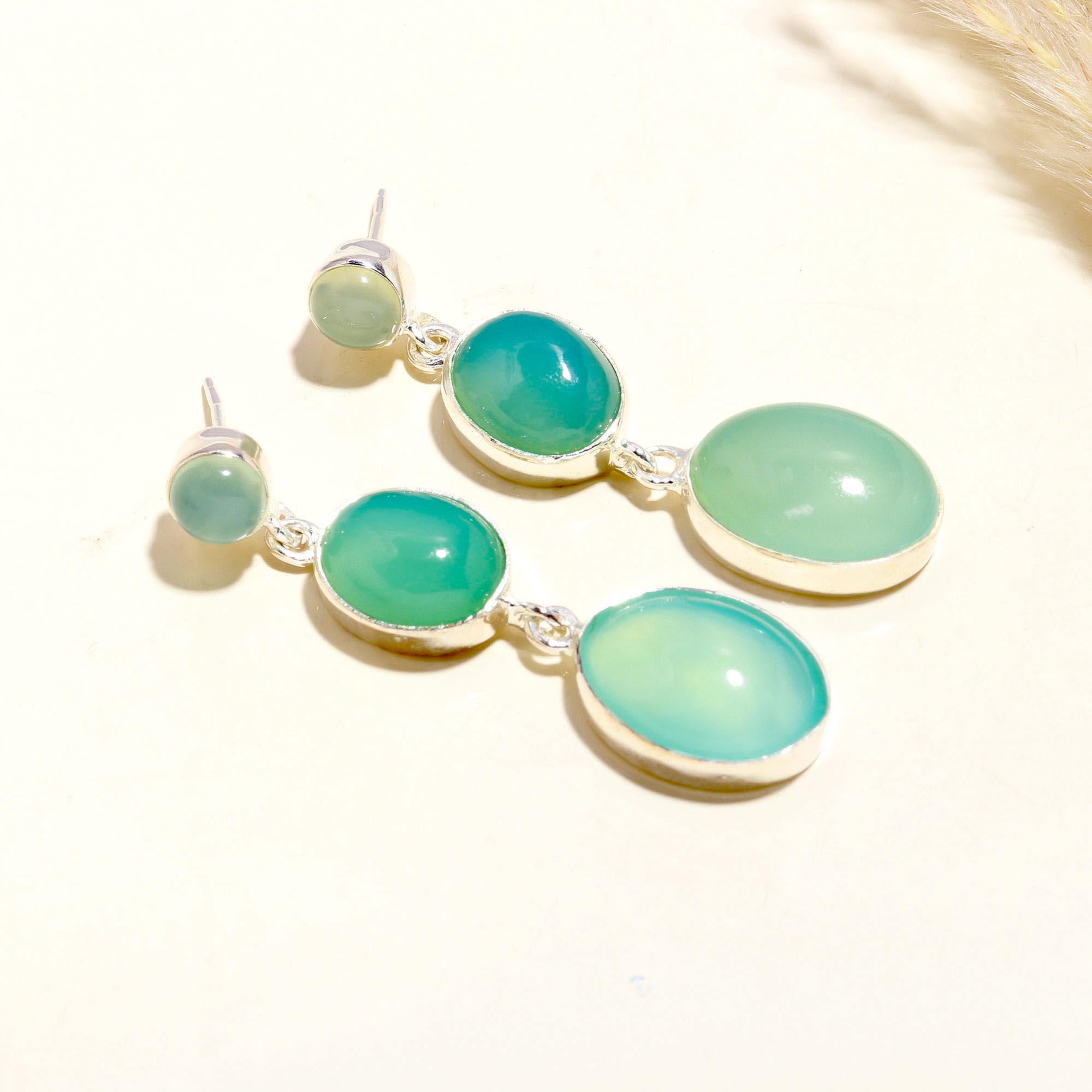 925 Sterling Silver Aqua Chalcedony Dangle Earrings