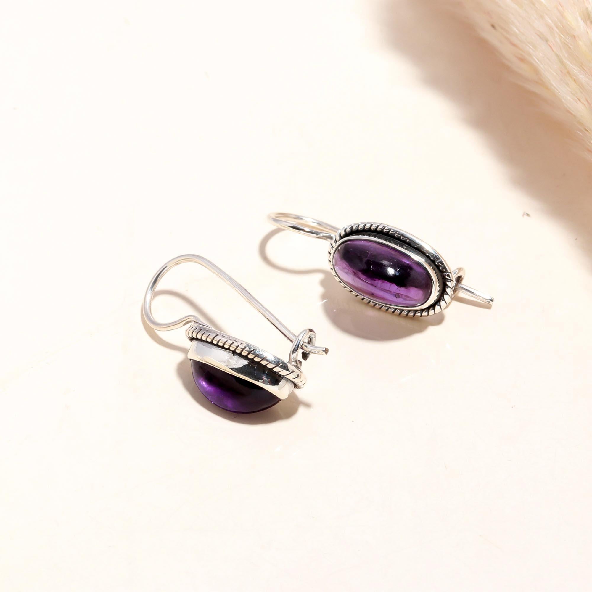 925 Sterling Silver Oval Amethyst Vintage-Style Dangle Earrings