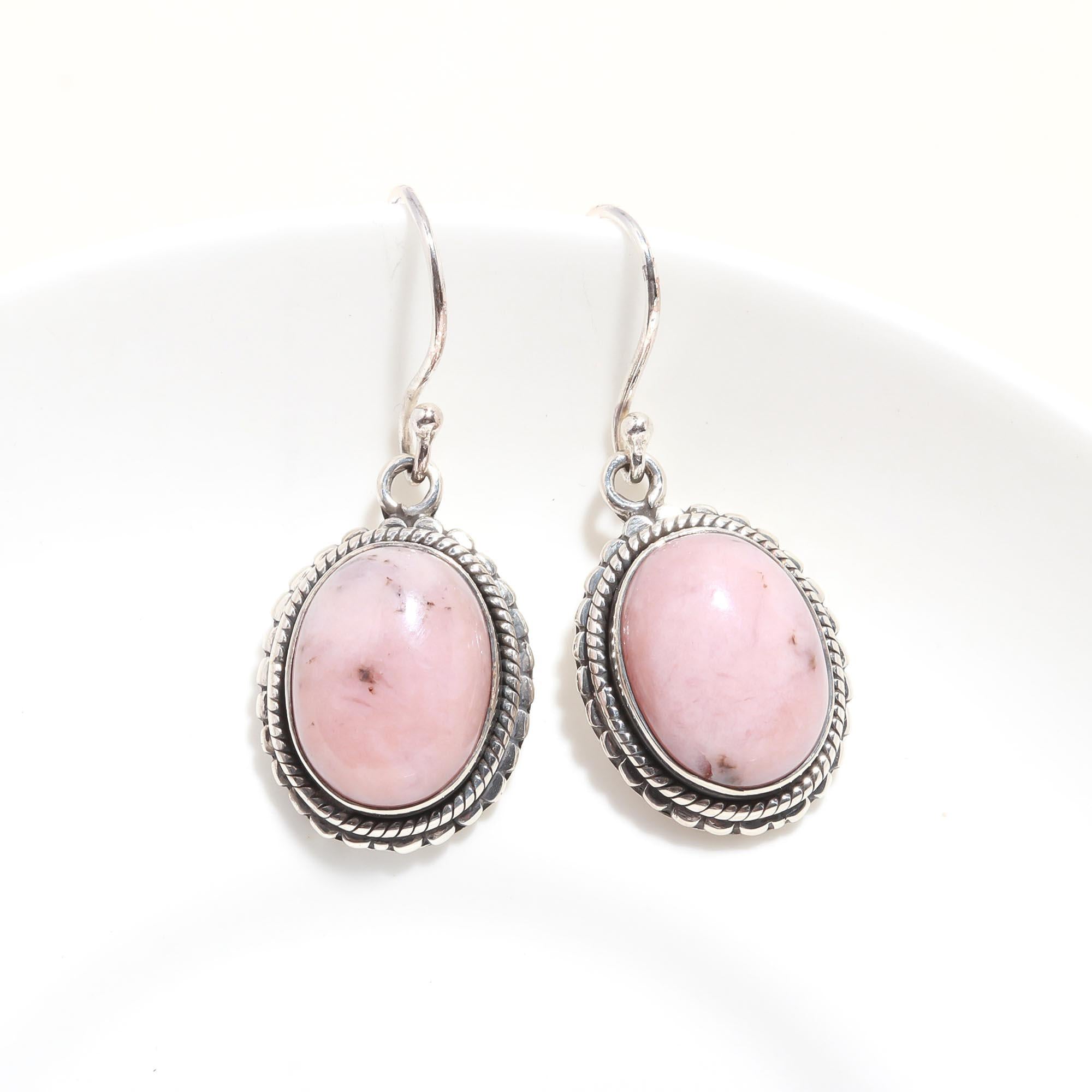 925 Sterling Silver Pink Rhodonite Vintage Boho Dangle Earrings