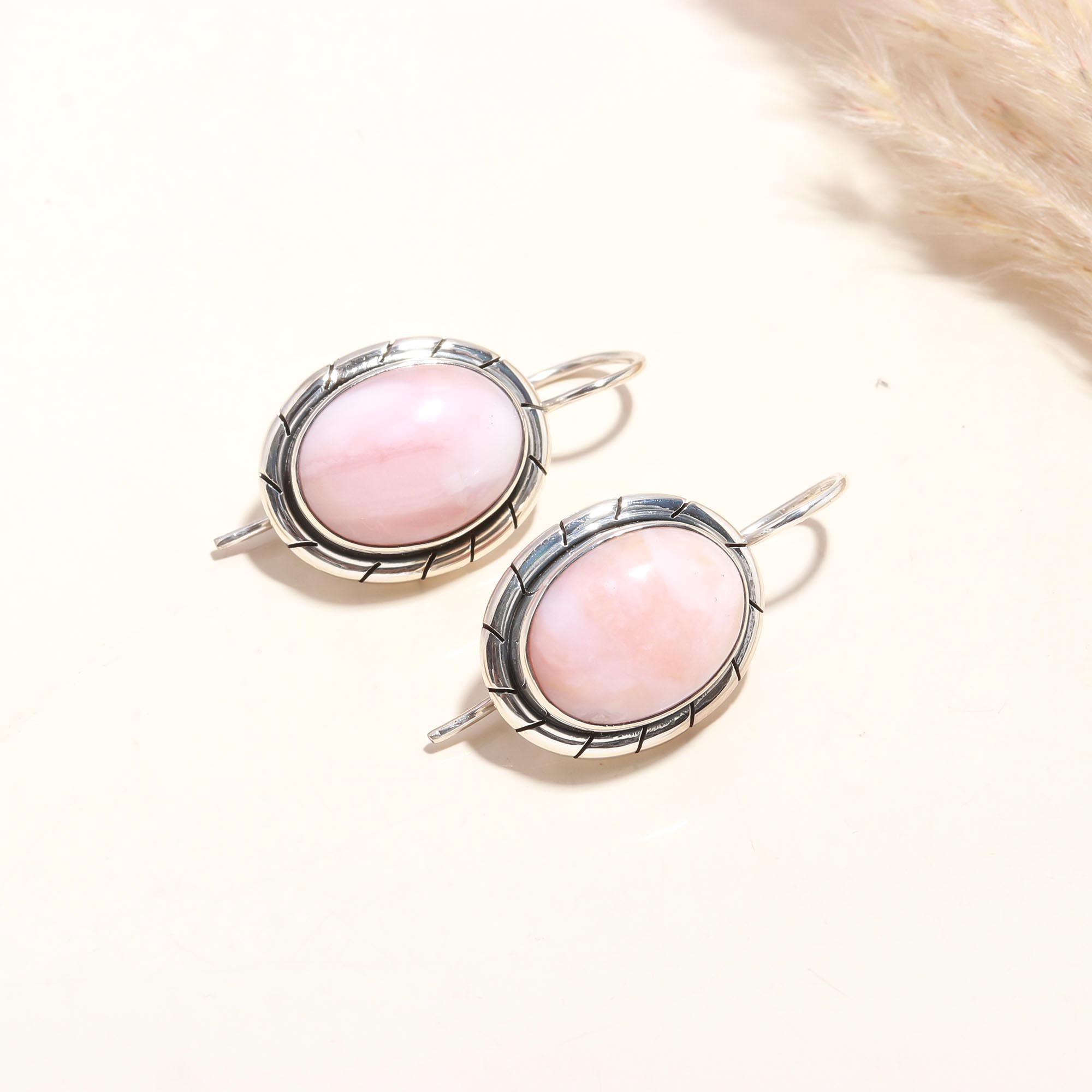 925 Sterling Silver Pink Opal Dangle Earrings