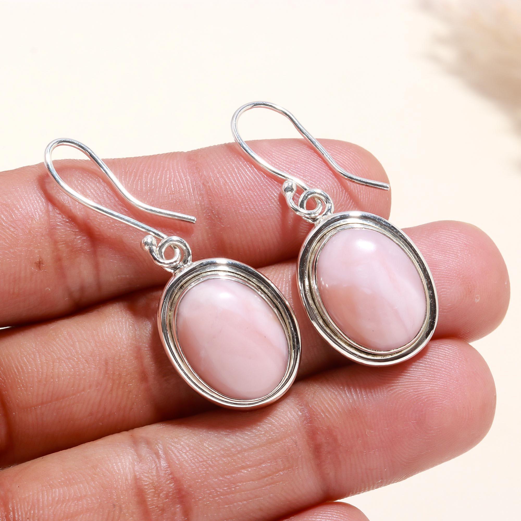 925 Sterling Silver Pink Opal Dangle Earrings