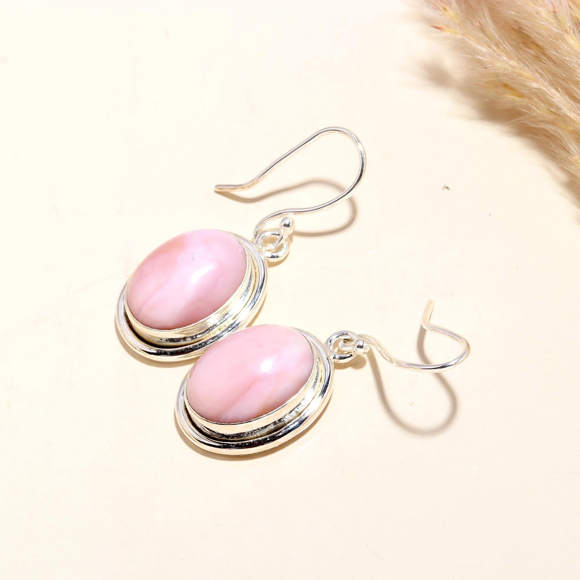925 Sterling Silver Pink Opal Dangle Earrings