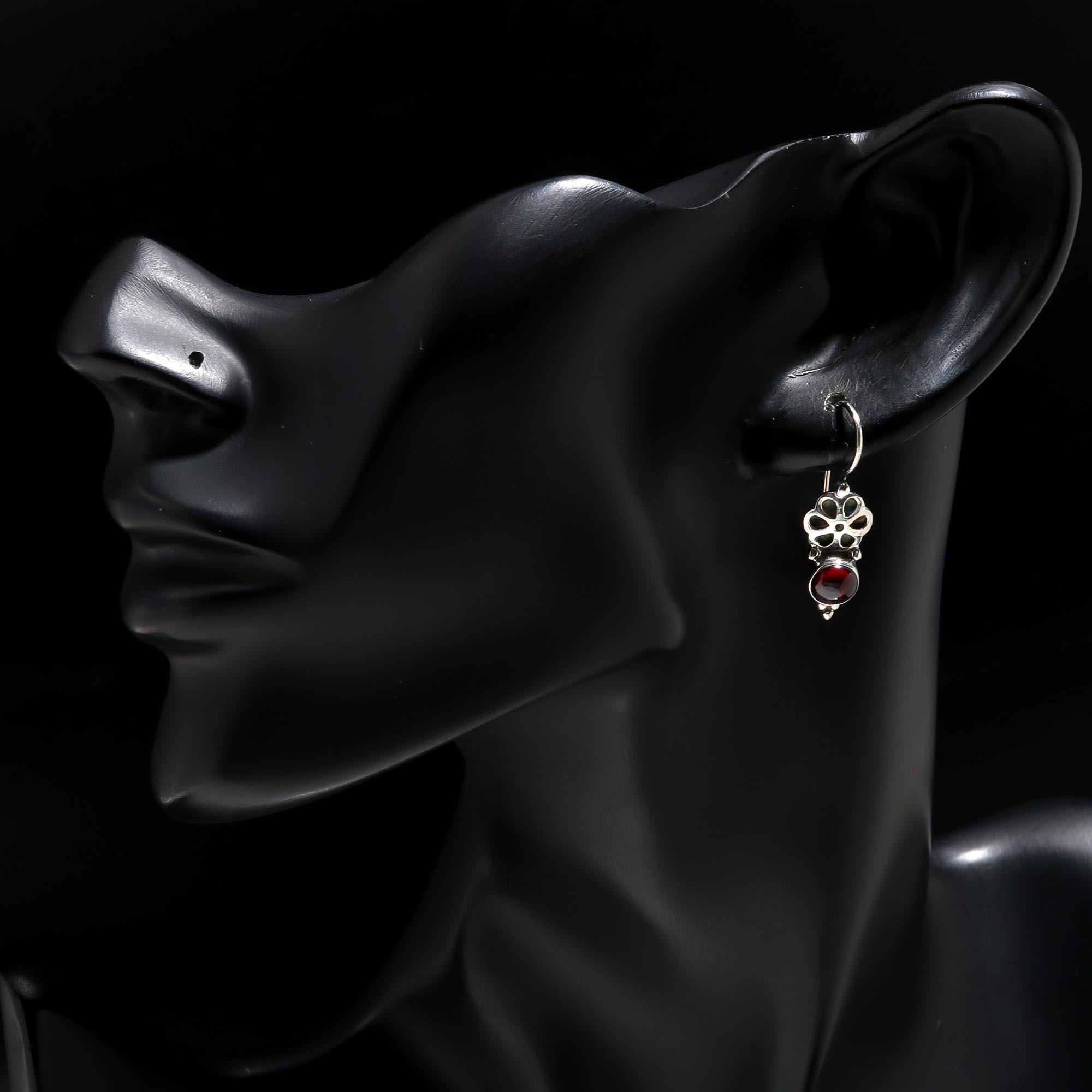 925 Sterling Silver Garnet Vintage Floral Filigree Dangle Earrings