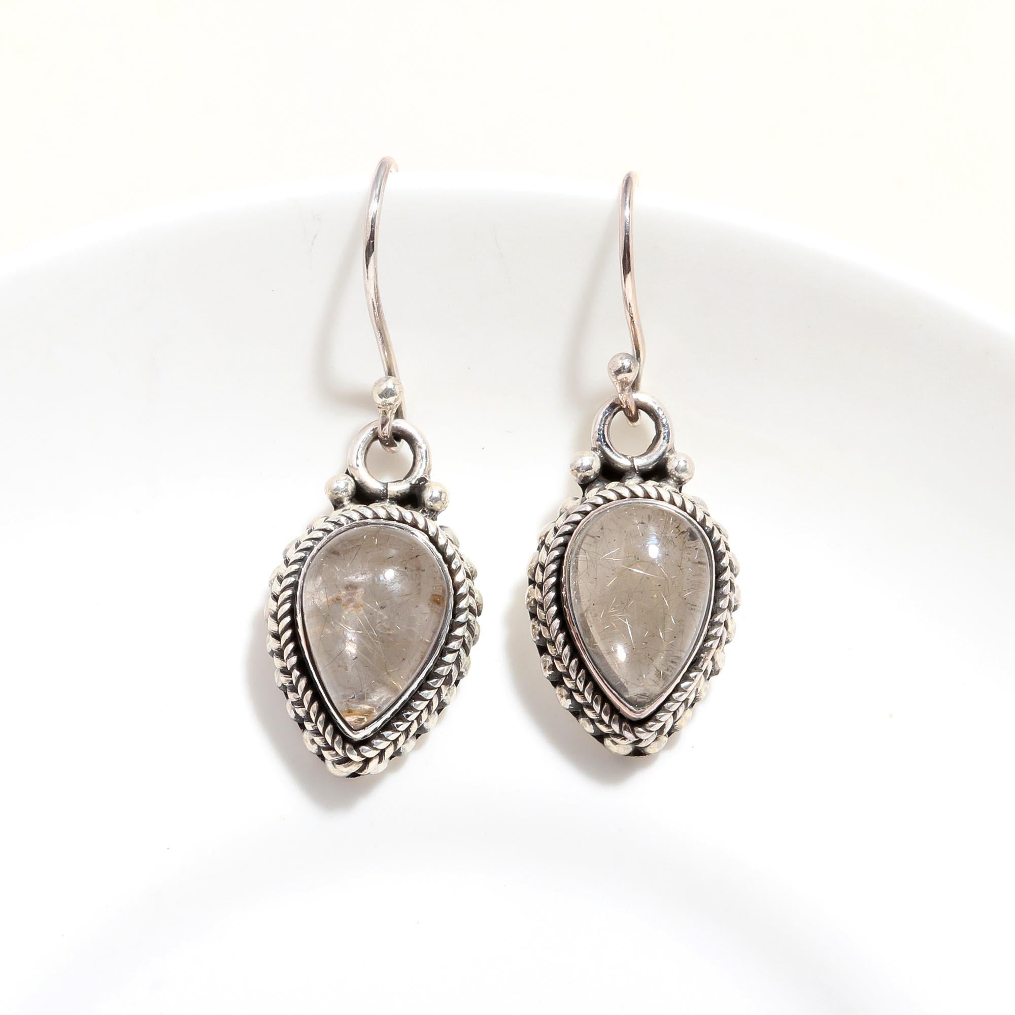 925 Sterling Silver Rutilated Quartz Boho Dangle Earrings