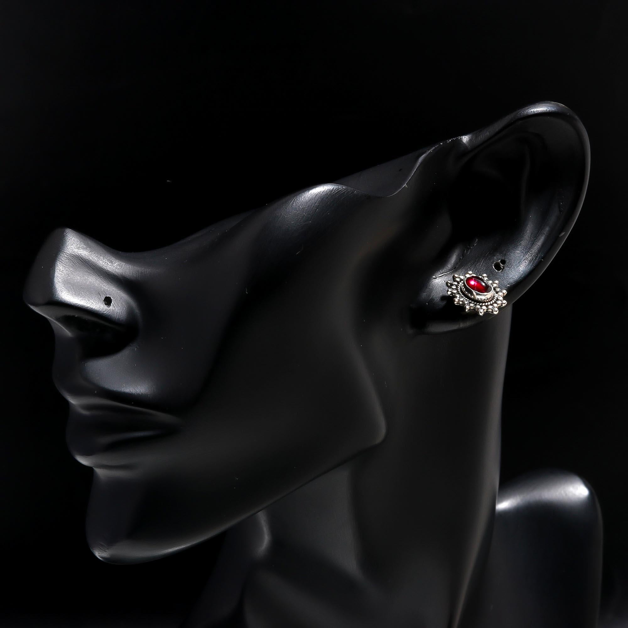 925 Sterling Silver Garnet Vintage Boho Stud Earrings