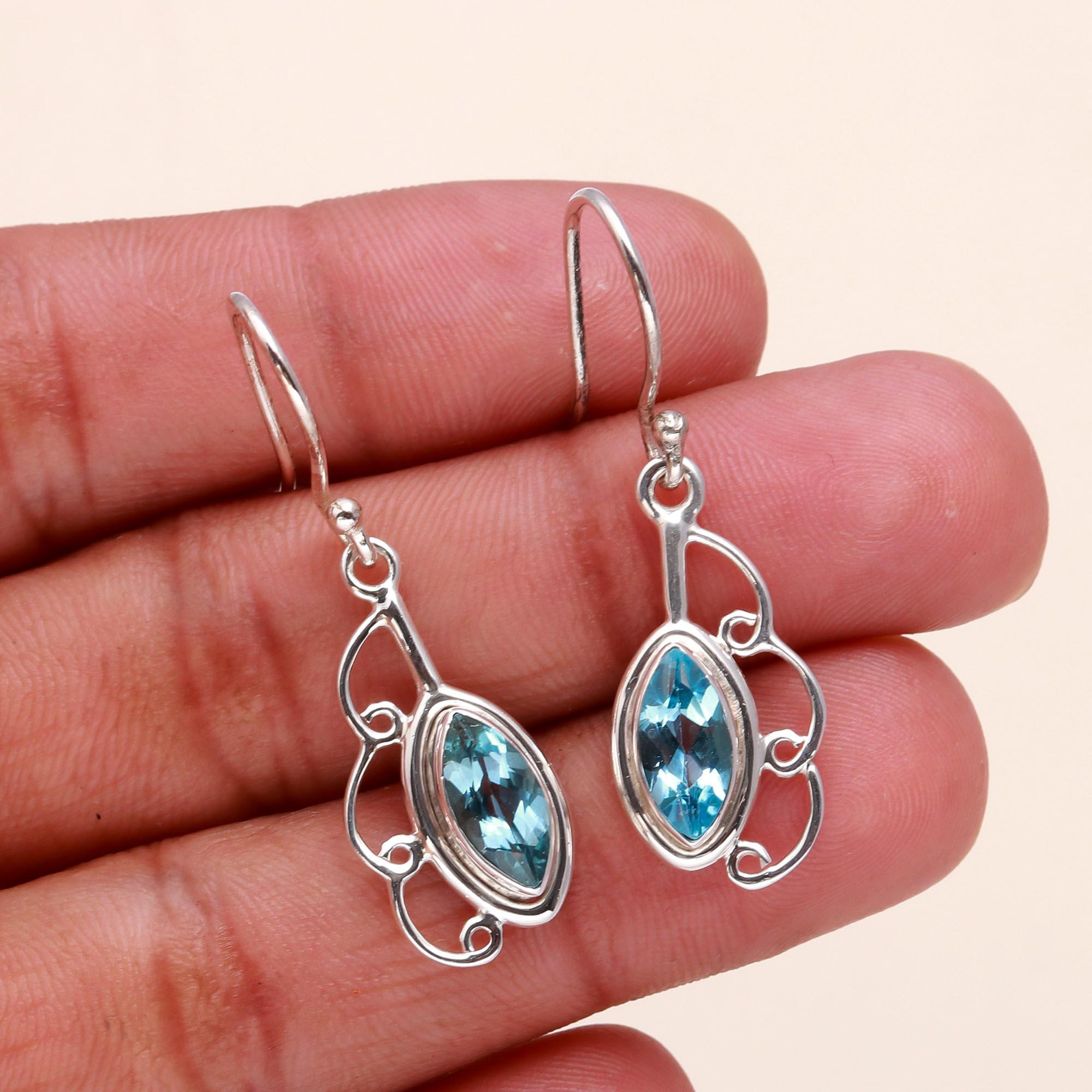 925 Sterling Silver Blue Topaz Filigree Dangle Earrings