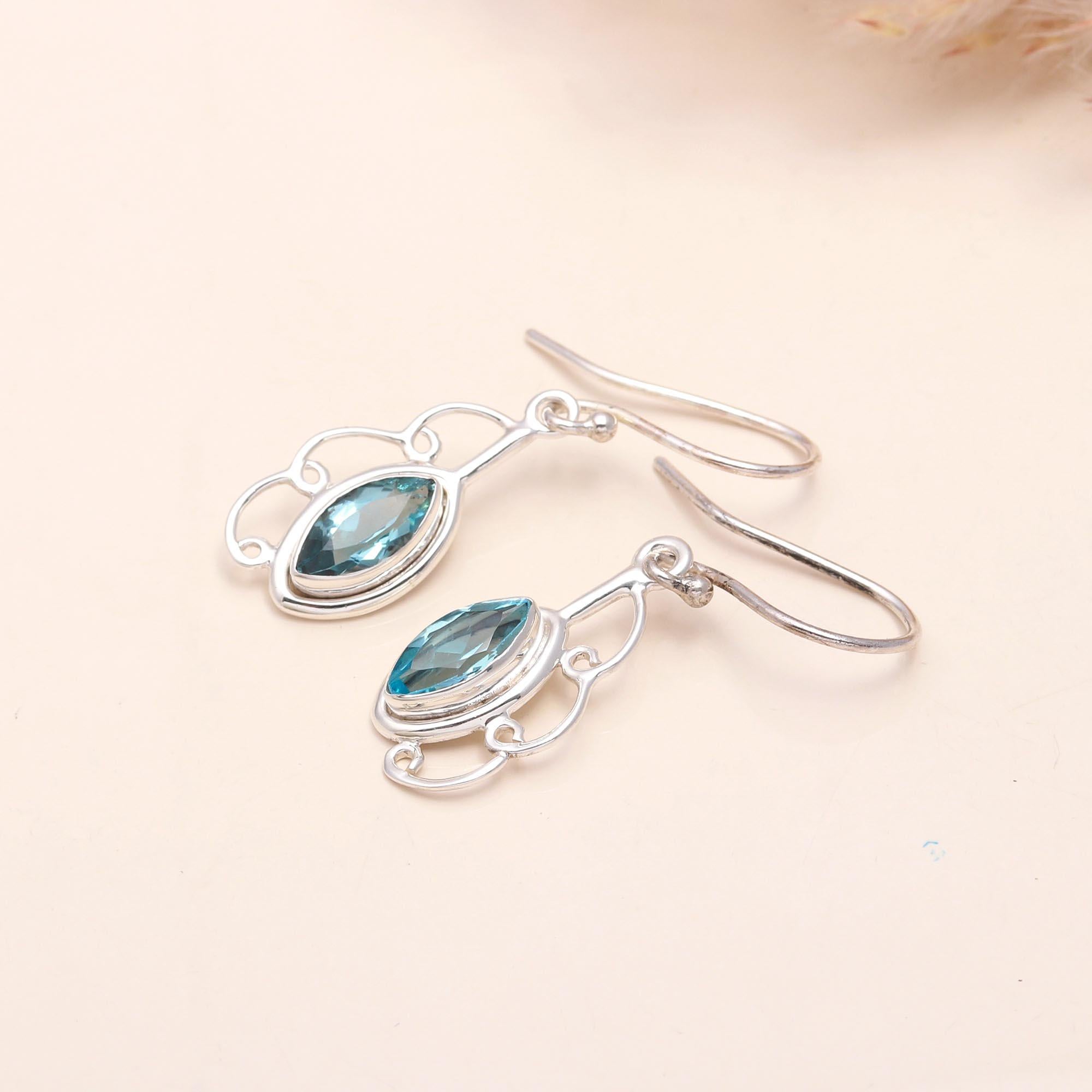 925 Sterling Silver Blue Topaz Filigree Dangle Earrings