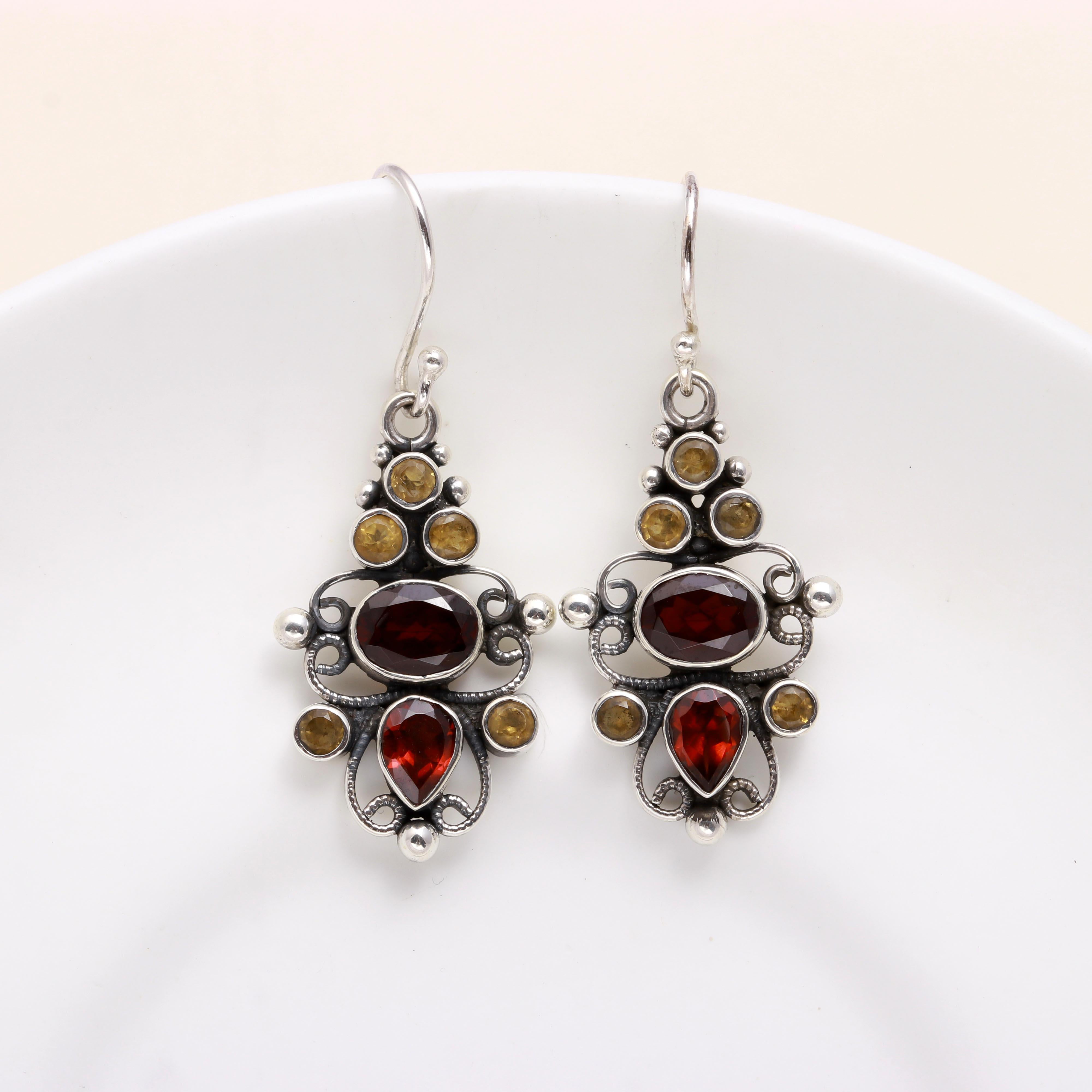 925 Sterling Silver Garnet & Citrine Vintage Boho Dangle Earrings
