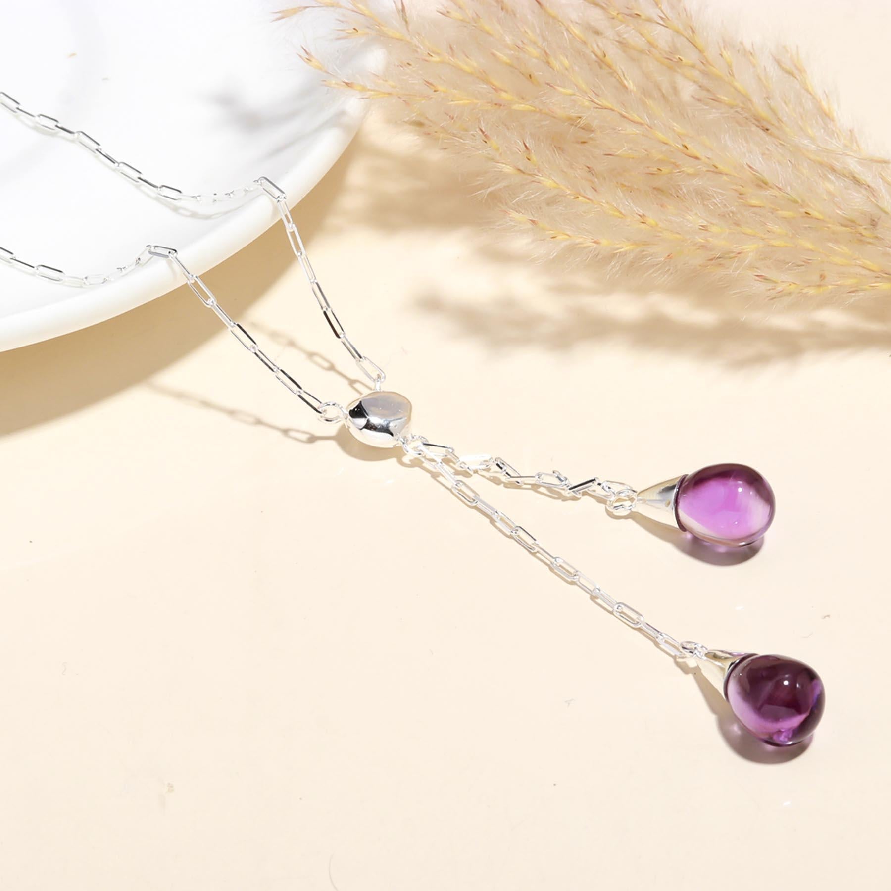 925 Sterling Silver Amethyst Teardrop Pendants Necklace