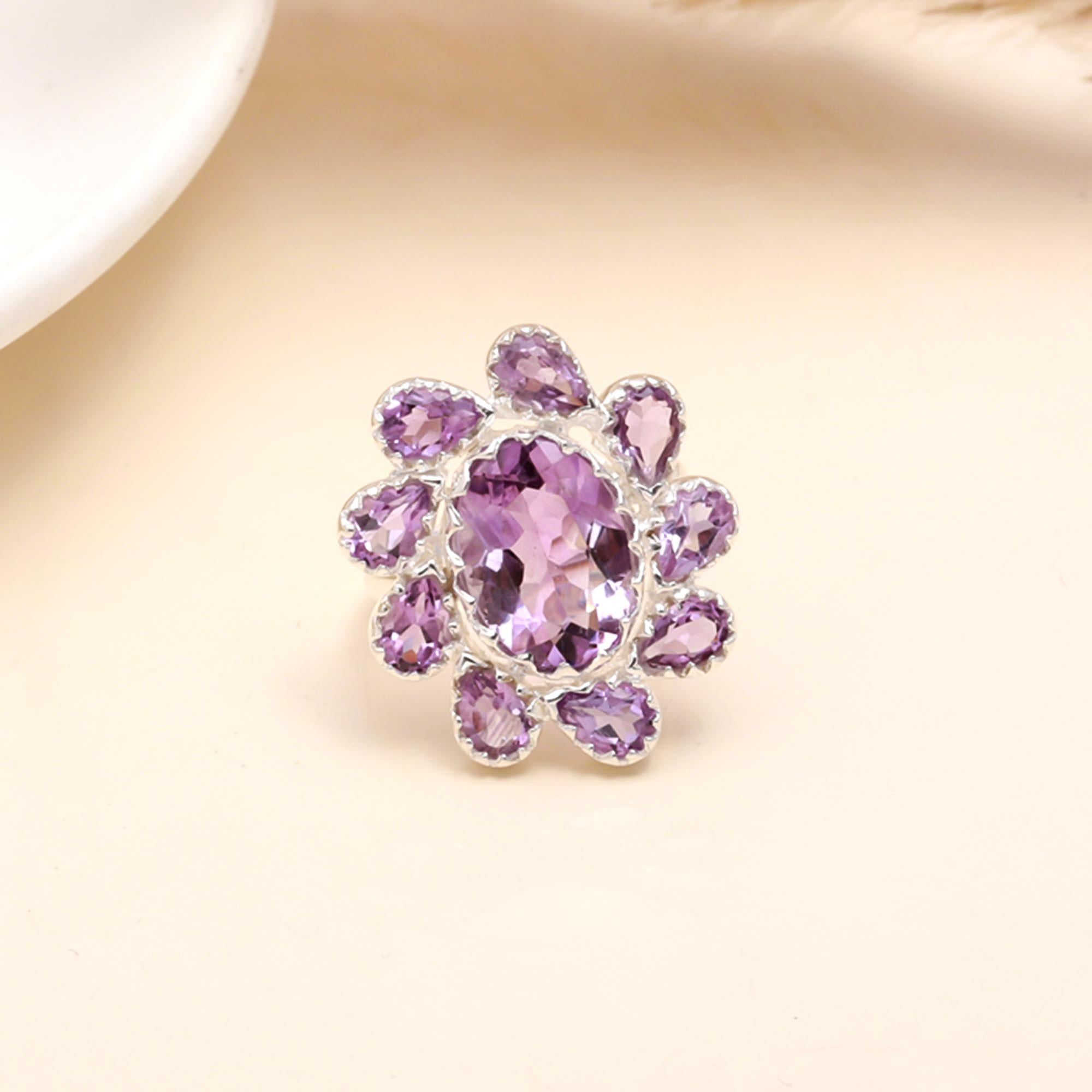 925 Sterling Silver Amethyst Cluster Statement Ring
