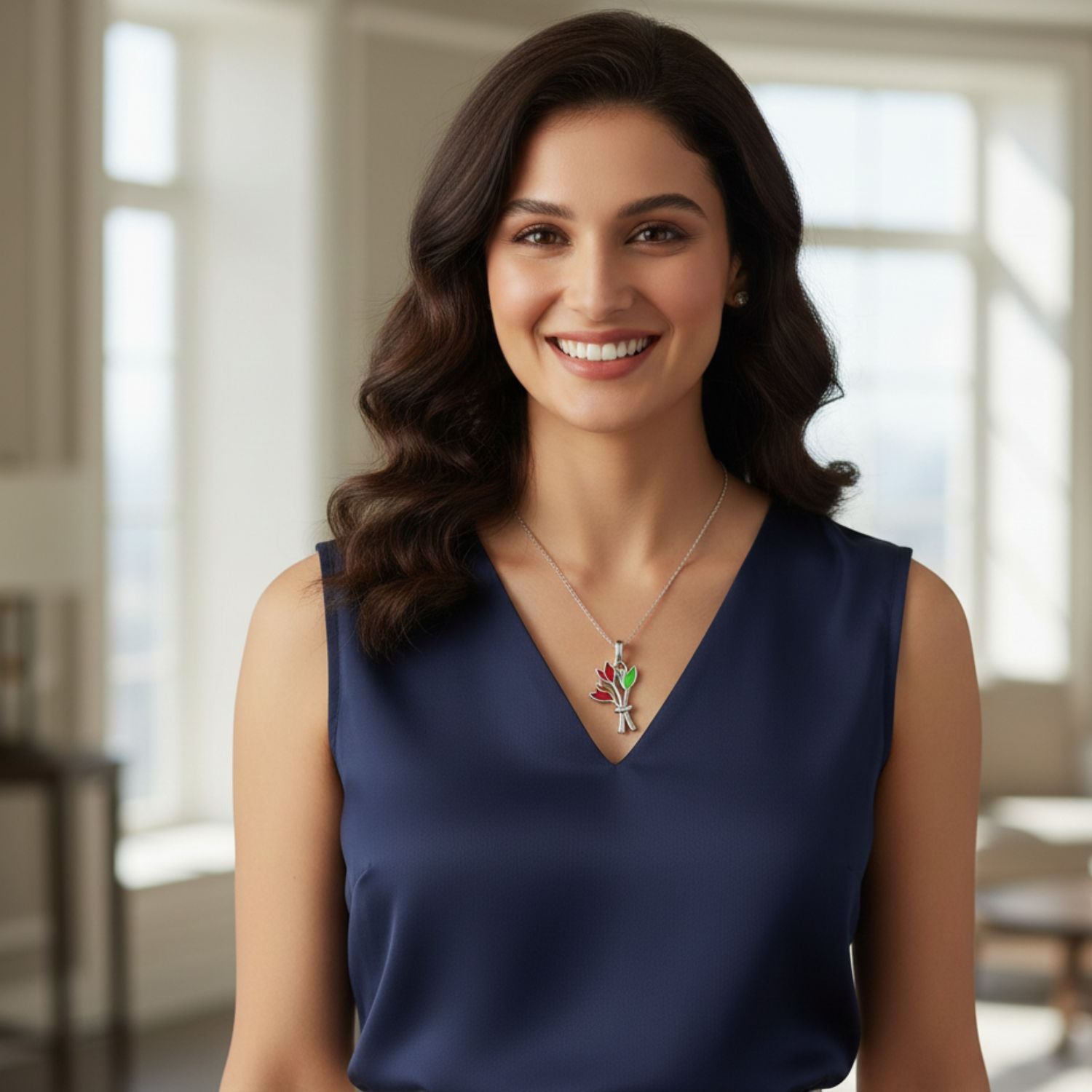 925 Sterling Silver Red & Green Enamel Floral Charm Tulip Pendant