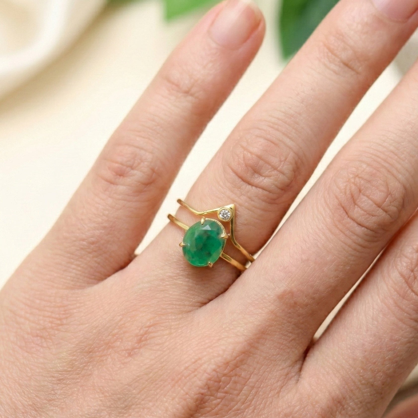 The Verdant Sovereign: Raw Emerald & Zircon Chevron Ring Set