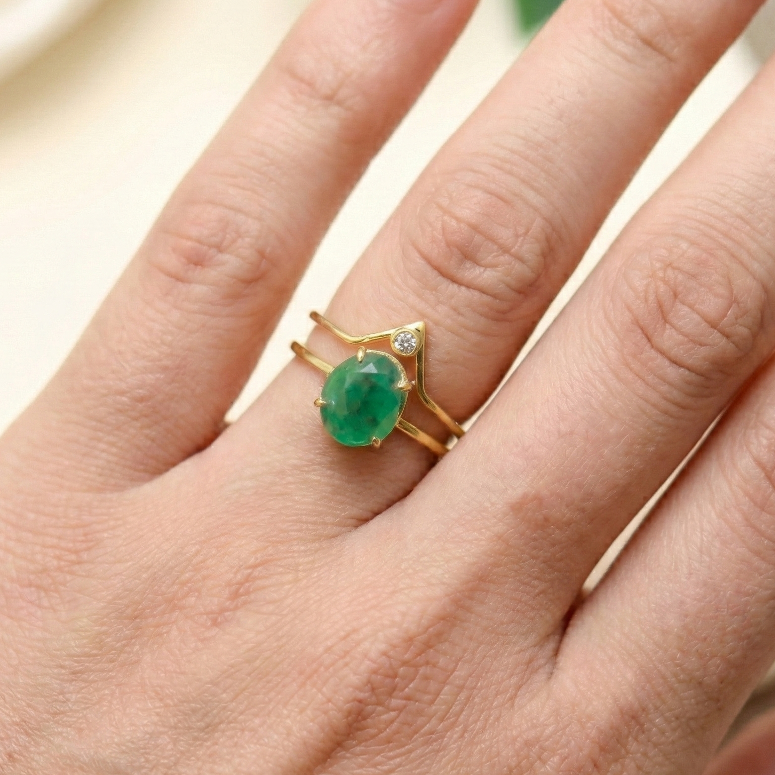 The Verdant Sovereign: Raw Emerald & Zircon Chevron Ring Set