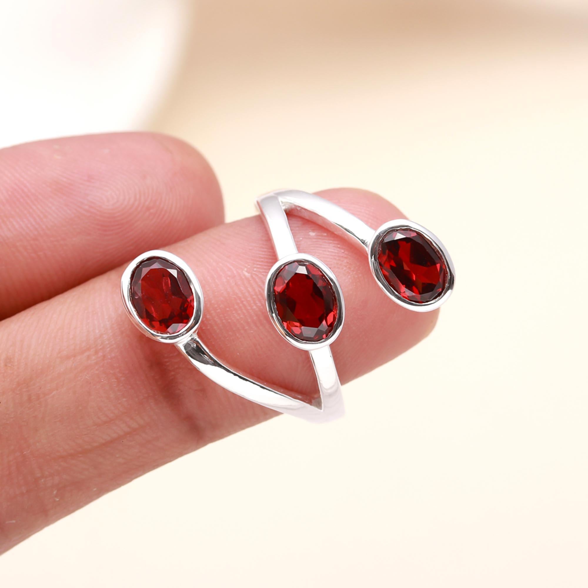 925 Sterling Silver Triple Oval Red Garnet Ring