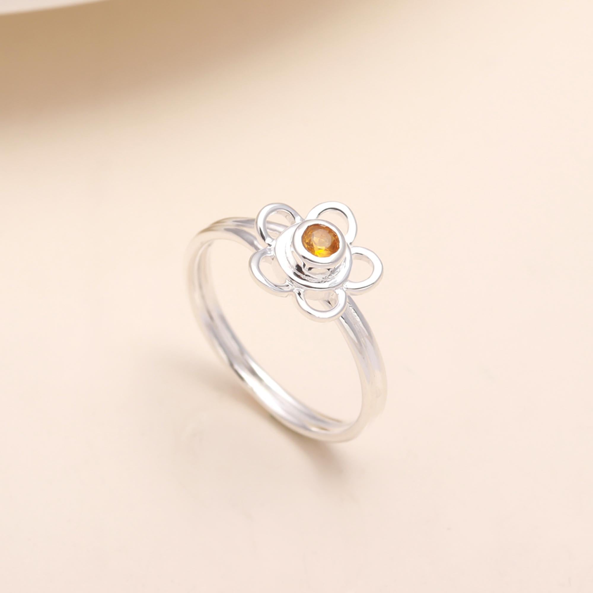 925 Sterling Silver Flower Ring with Citrine Gemstone