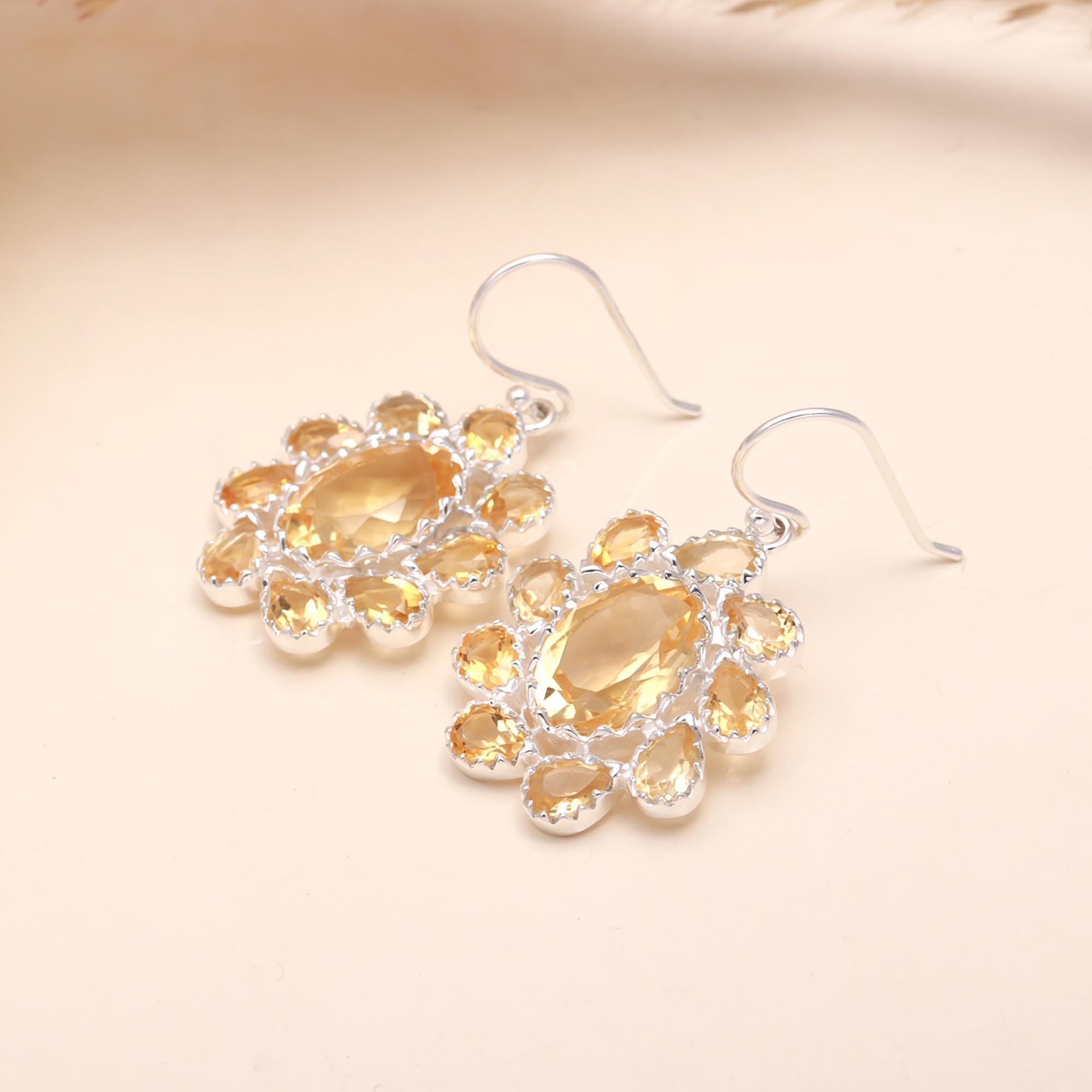 The Solar Bloom: Citrine & Silver Floral Cluster Earrings