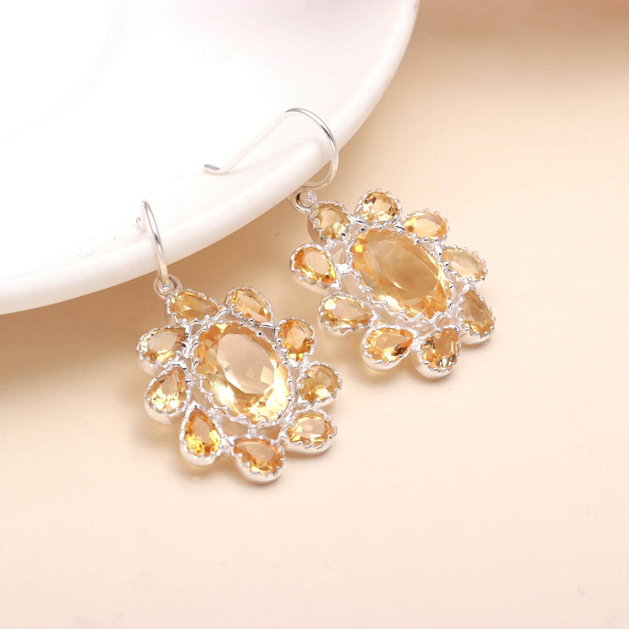 The Solar Bloom: Citrine & Silver Floral Cluster Earrings