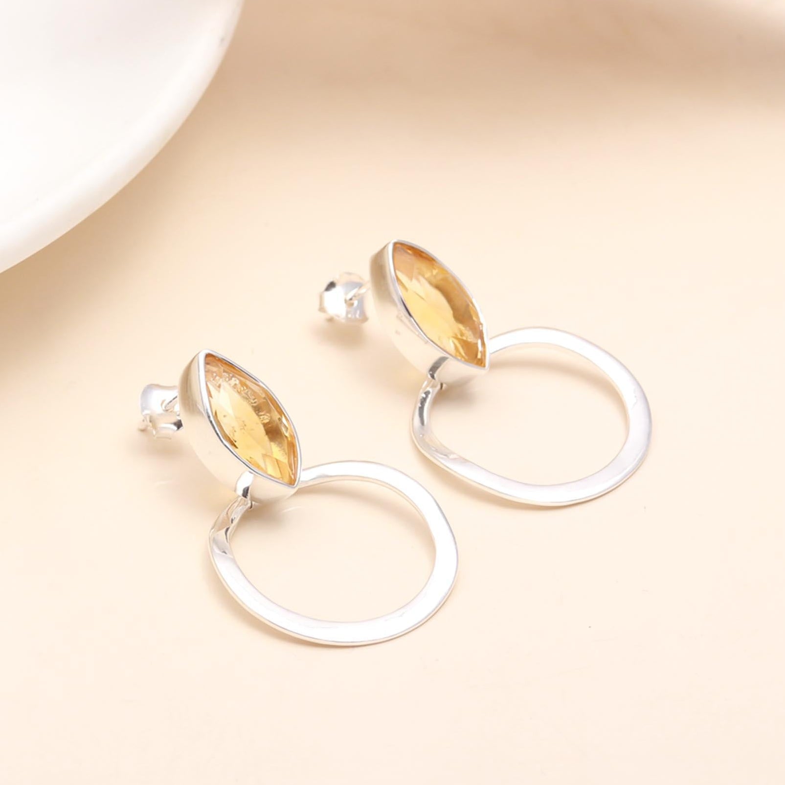 The Solar Orbit: Citrine Marquise & Silver Circle Earrings