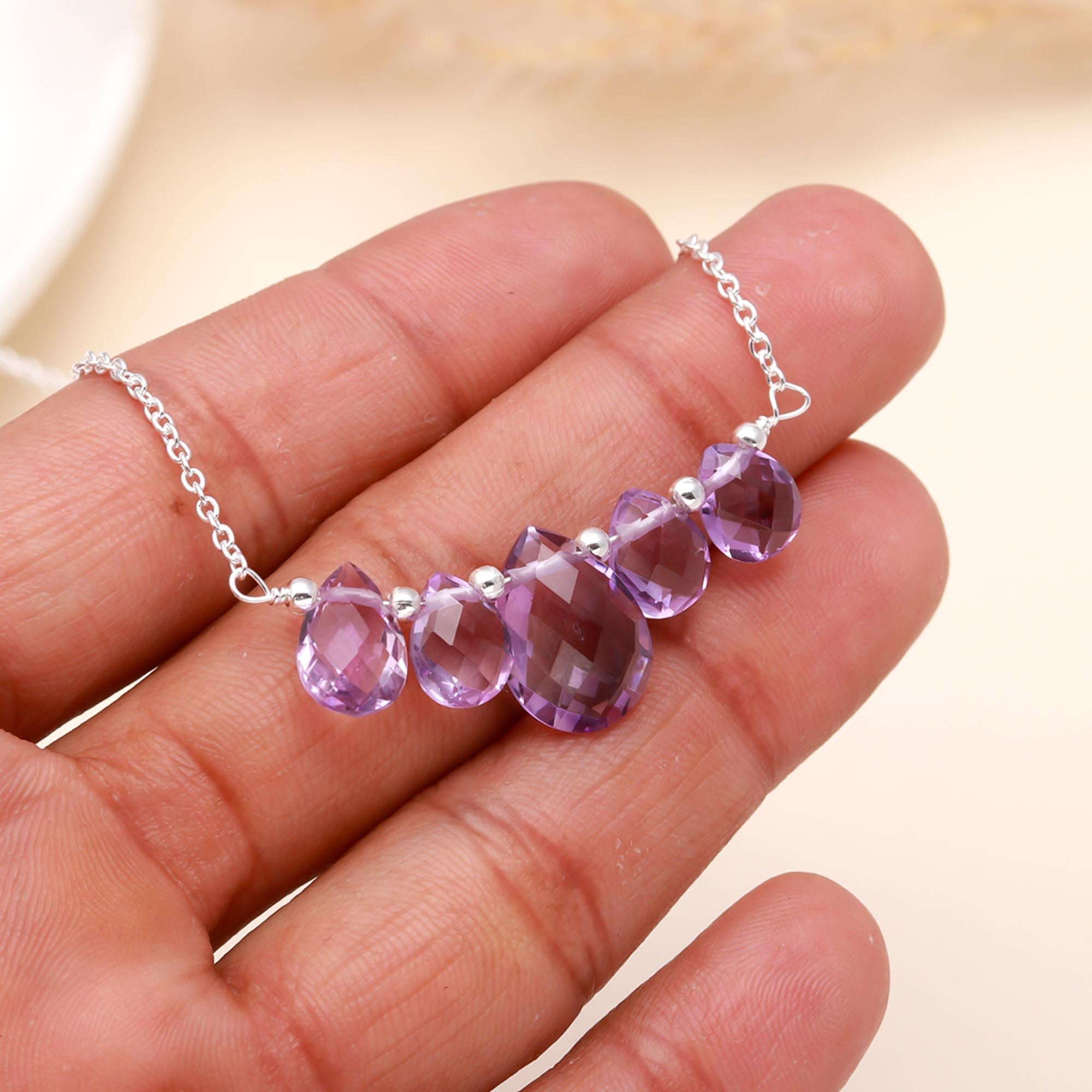 925 Sterling Silver Teardrop Amethyst Cluster Pendant Necklace