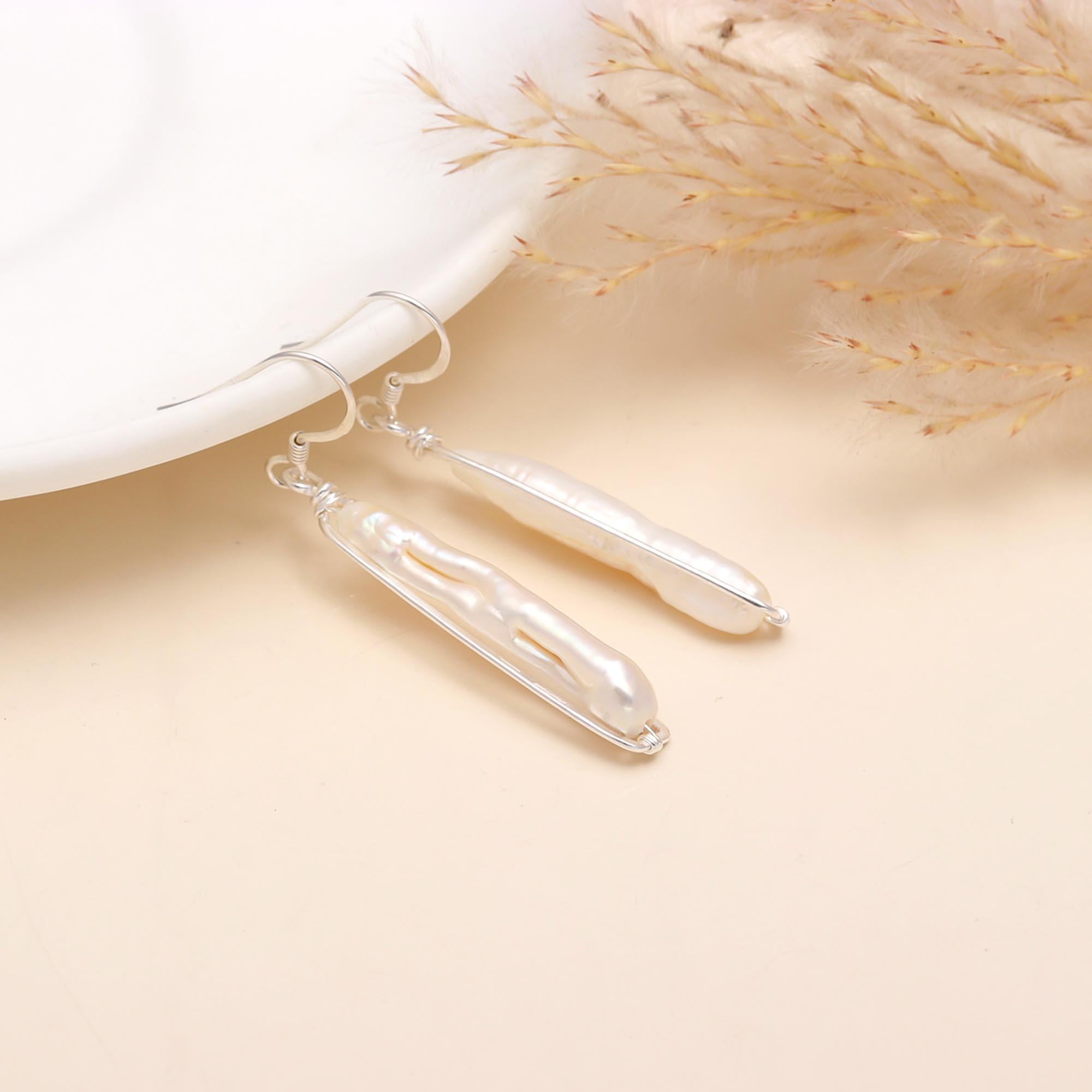 925 Sterling Silver Wire-Wrapped Long Baroque Pearl Dangle Earrings